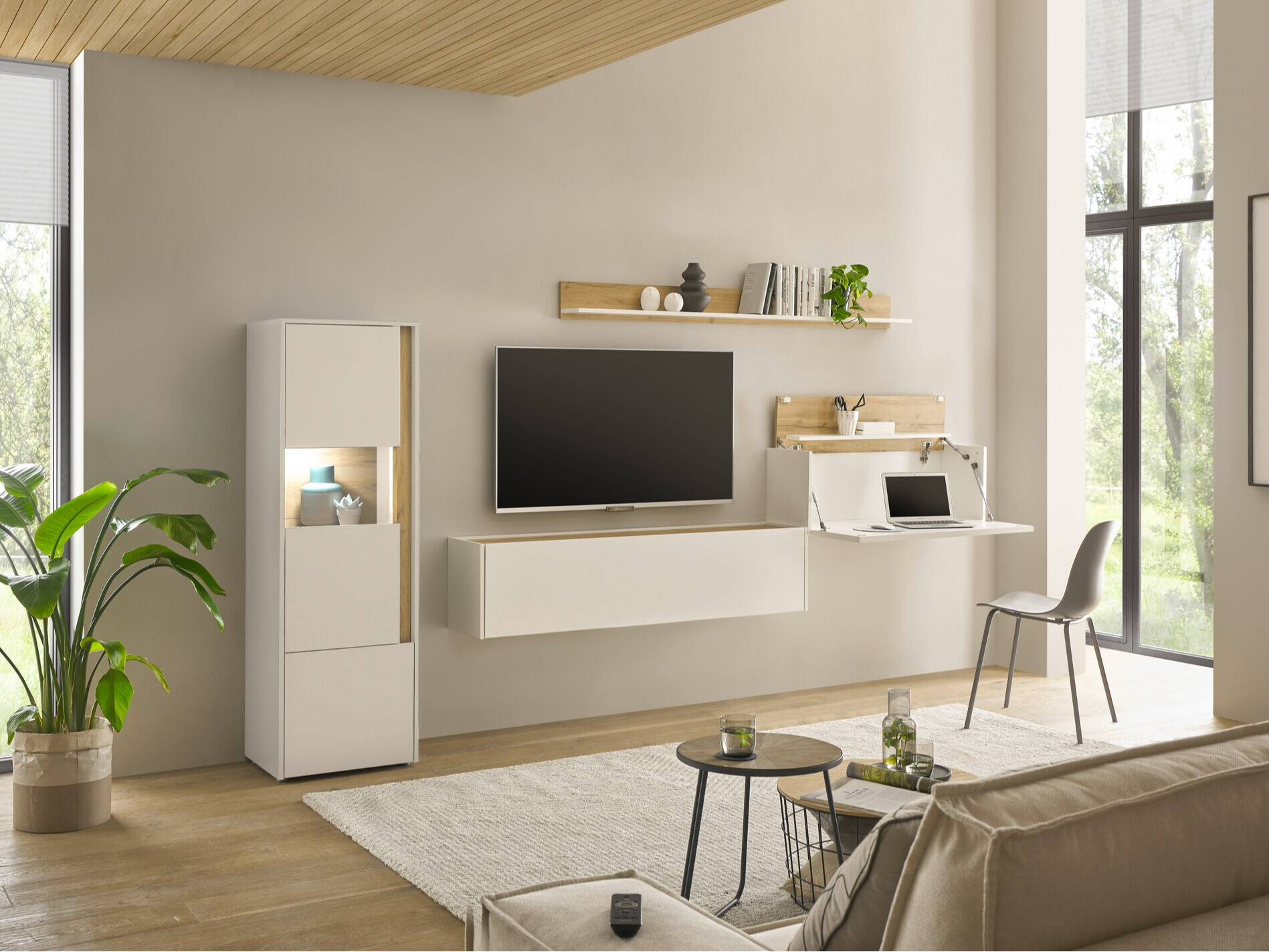 Ensemble de salon Elbsori 141 (Blanc + Chêne wotan)