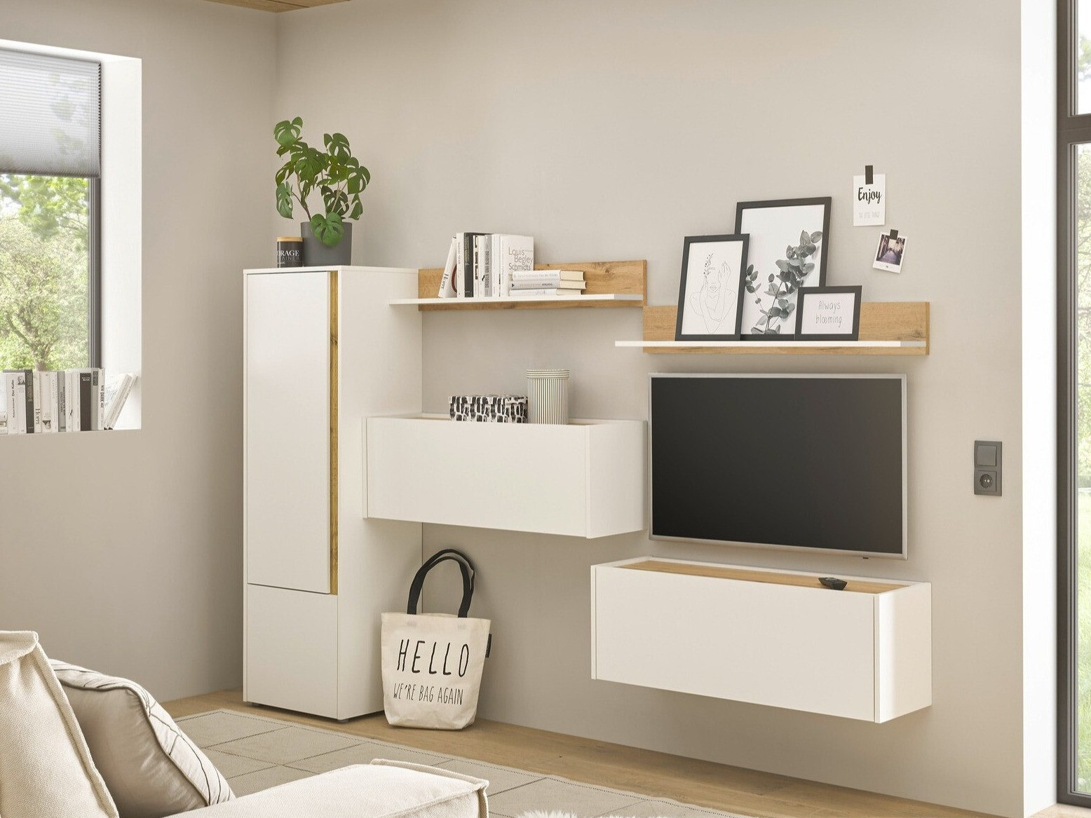 Ensemble de salon Elbsori 138 (Blanc + Chêne wotan)