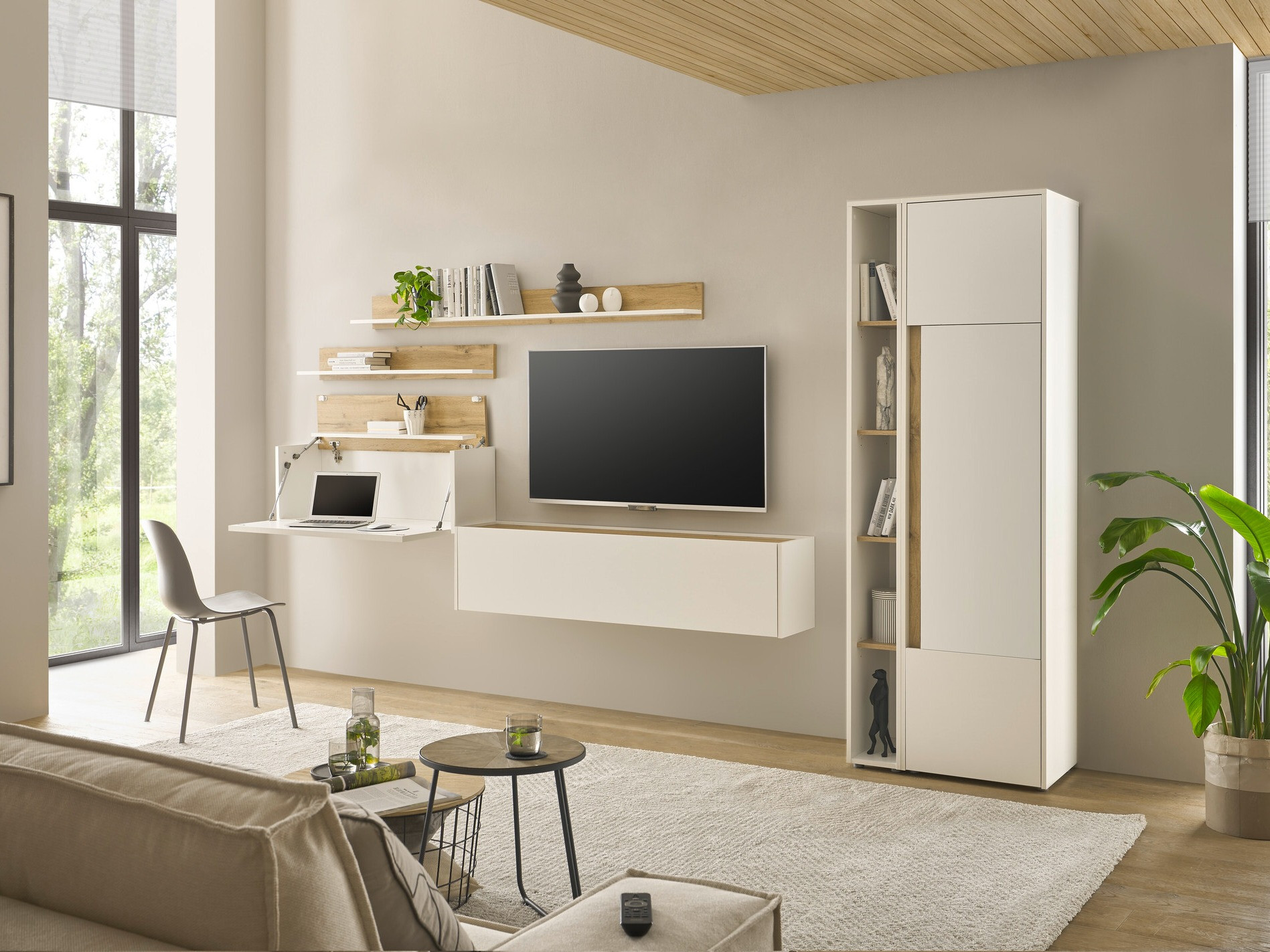 Ensemble de salon Elbsori 145 (Blanc + Chêne wotan)