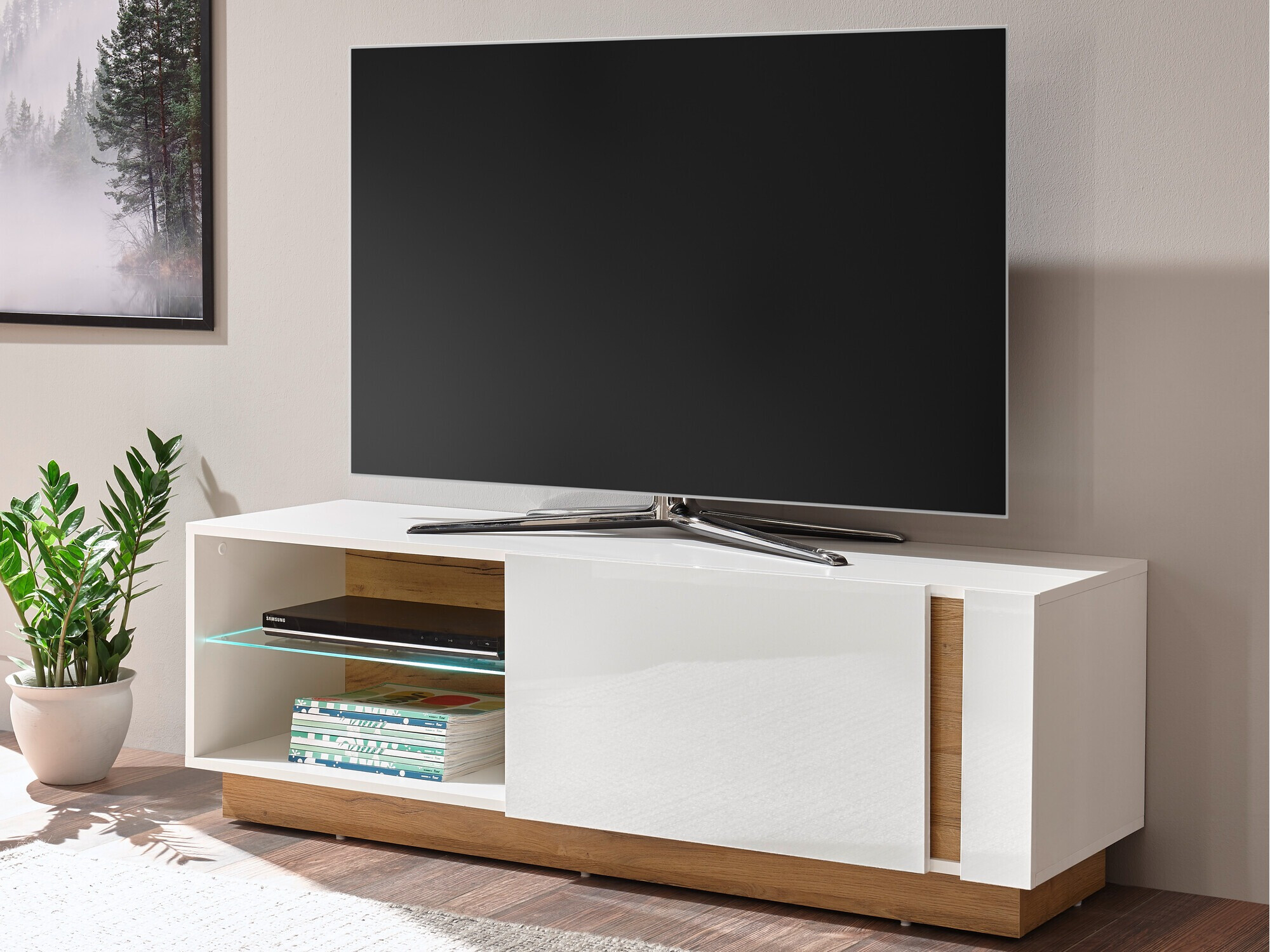 Meuble TV Veropho 102 (Blanc brillant + Grandson chêne)
