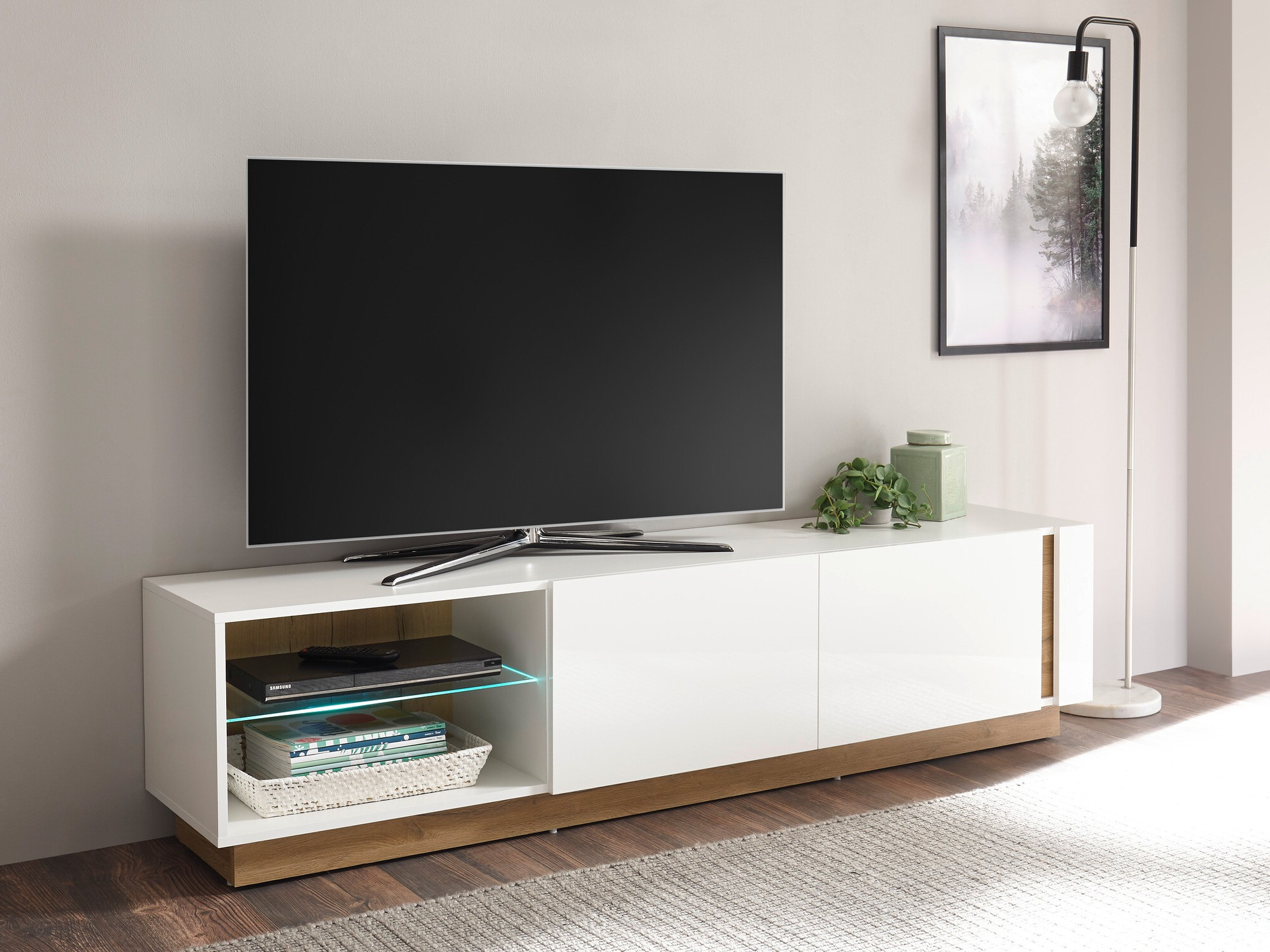 Meuble TV Veropho 103 (Blanc brillant + Grandson chêne)