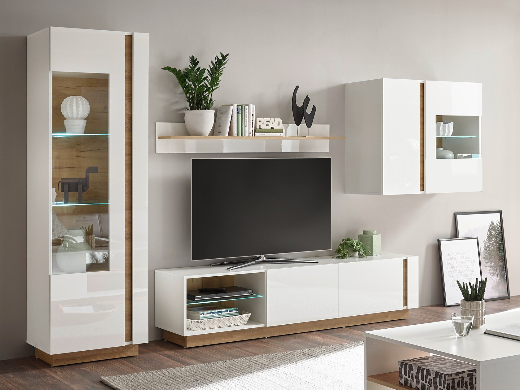 Meuble TV Veropho 103 (Blanc brillant + Grandson chêne)