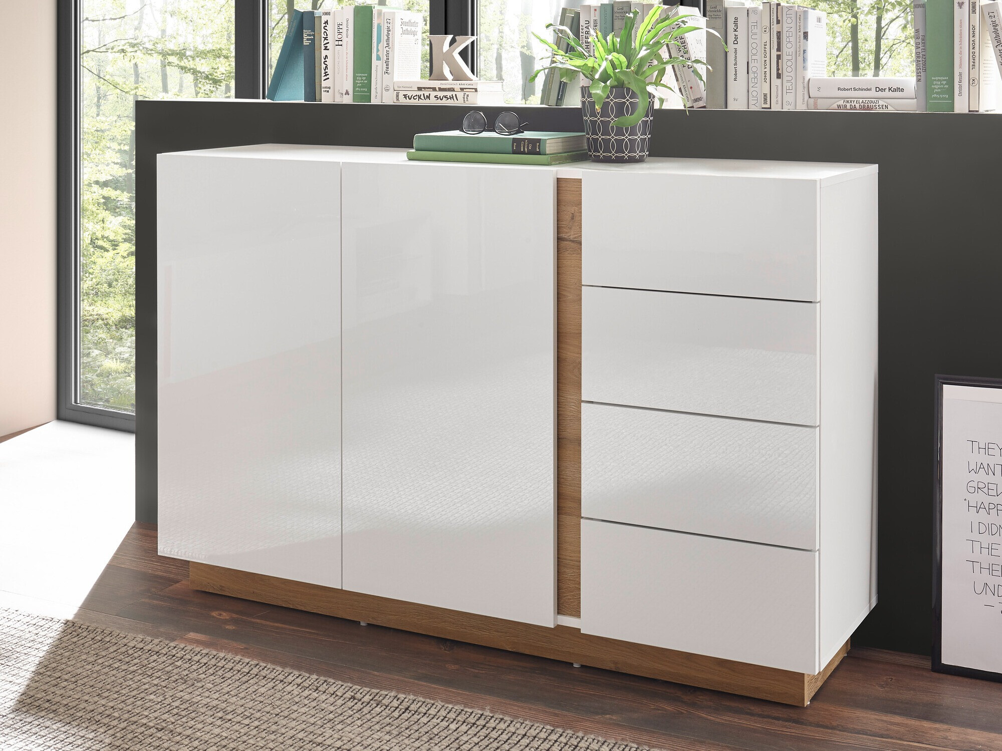 Commode Veropho 107 (Blanc brillant + Grandson chêne)