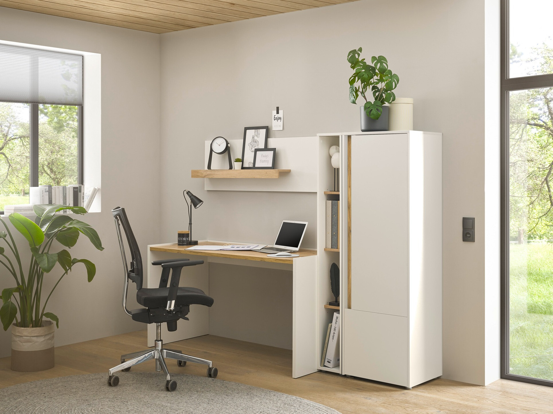 Ensemble de bureau à domicile Elbsori 154 (Blanc + Chêne wotan)