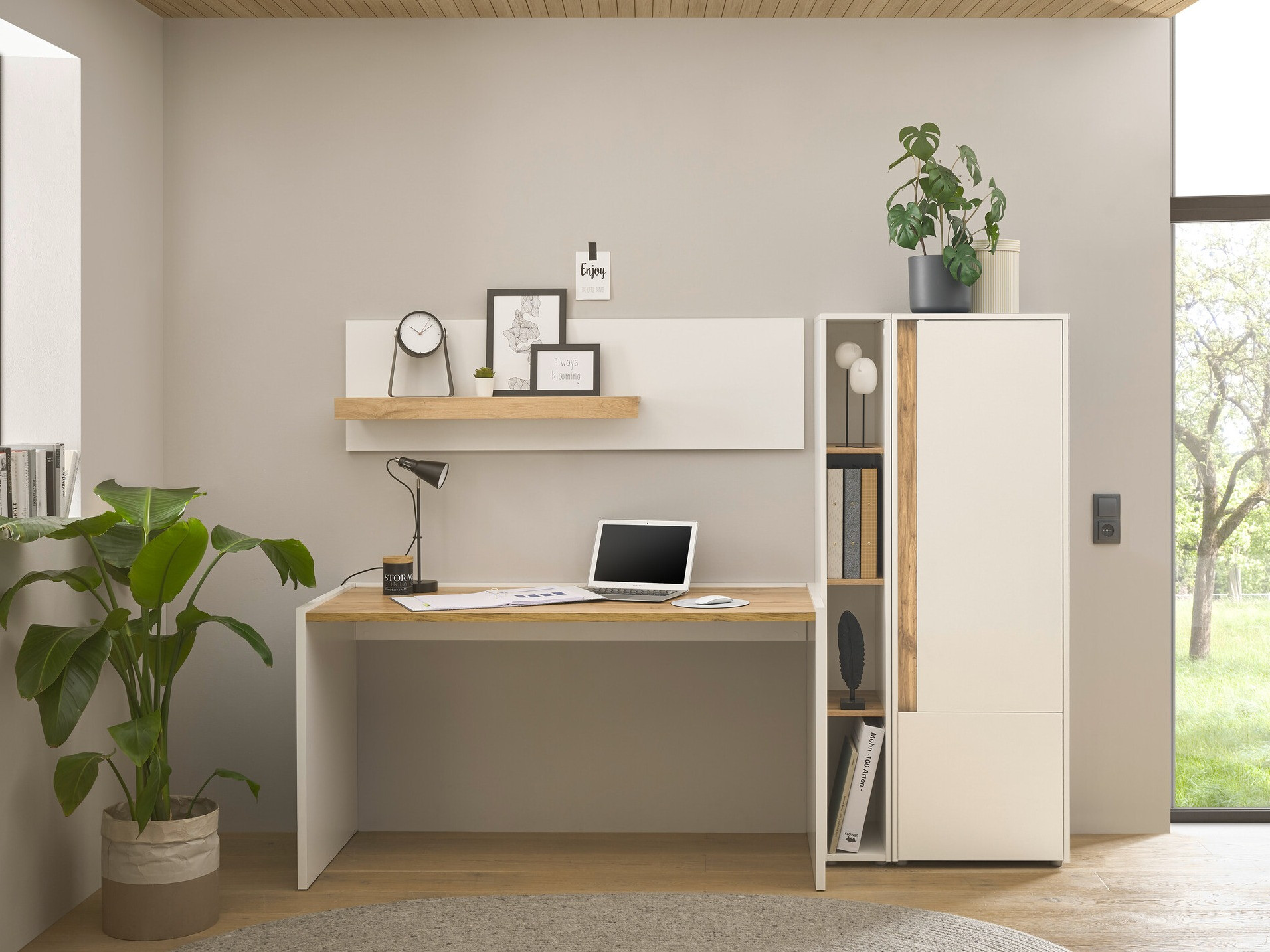 Ensemble de bureau à domicile Elbsori 154 (Blanc + Chêne wotan)