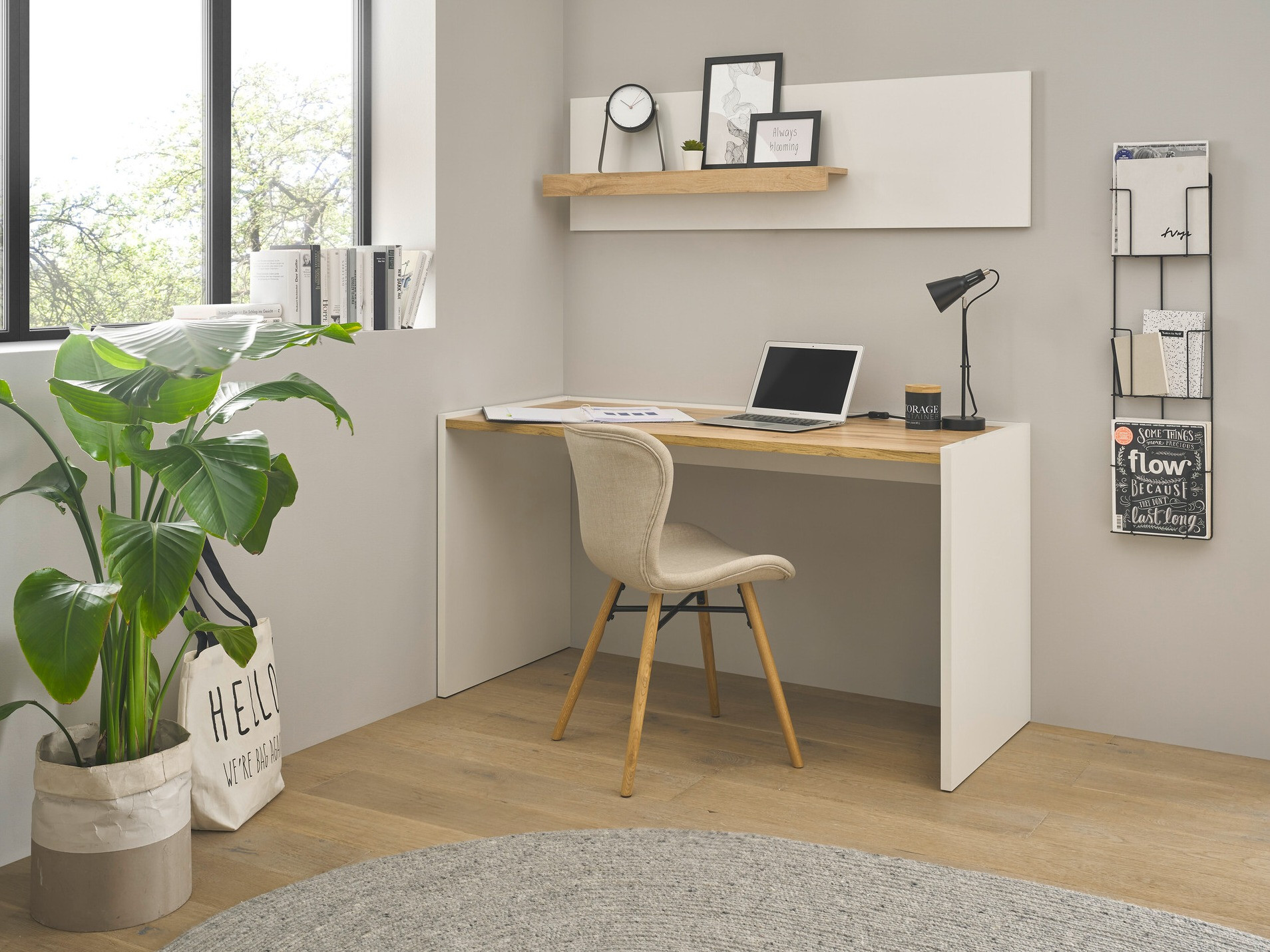 Ensemble de bureau à domicile Elbsori 157 (Blanc + Chêne wotan)