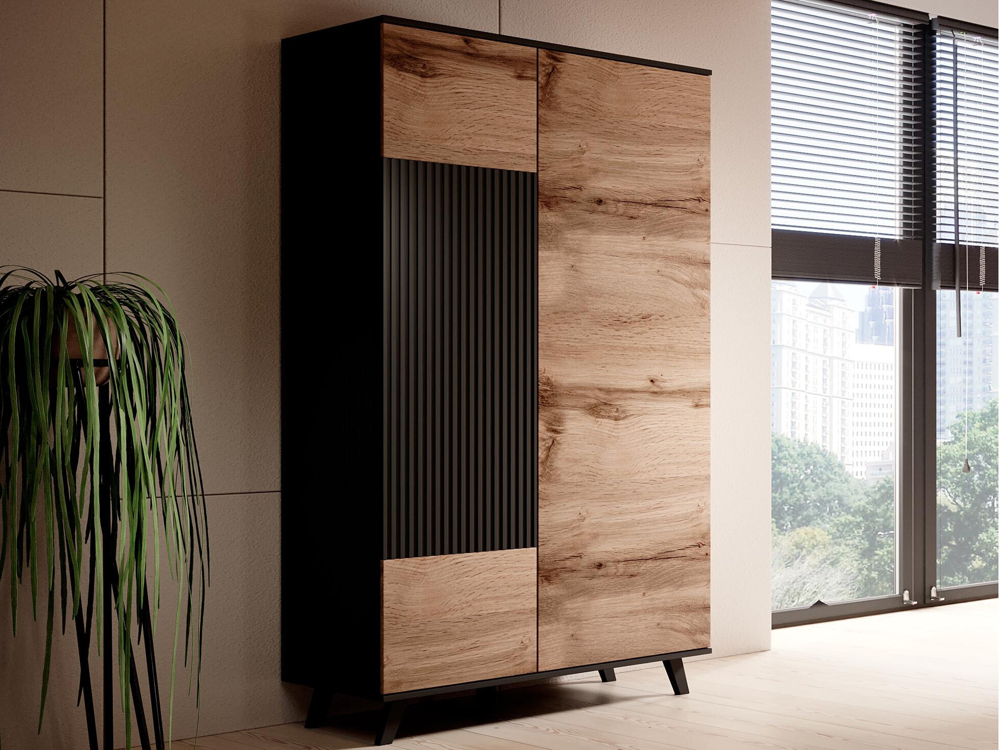 Armoire Luelia 113 (Noir + Chêne wotan)