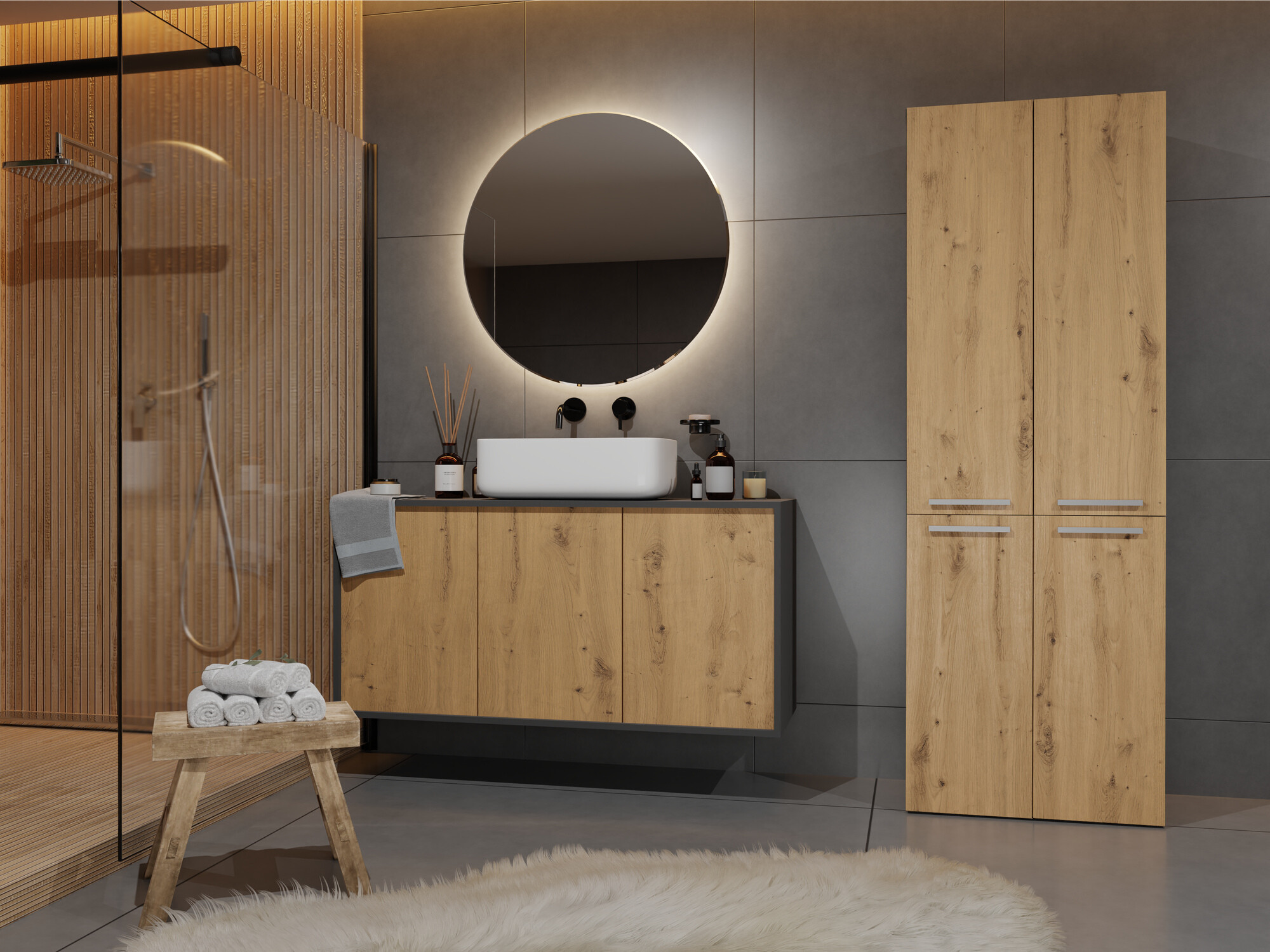 Armoire de bain à poser Nolmaru 100 (Anthracite + Chêne Artisan)