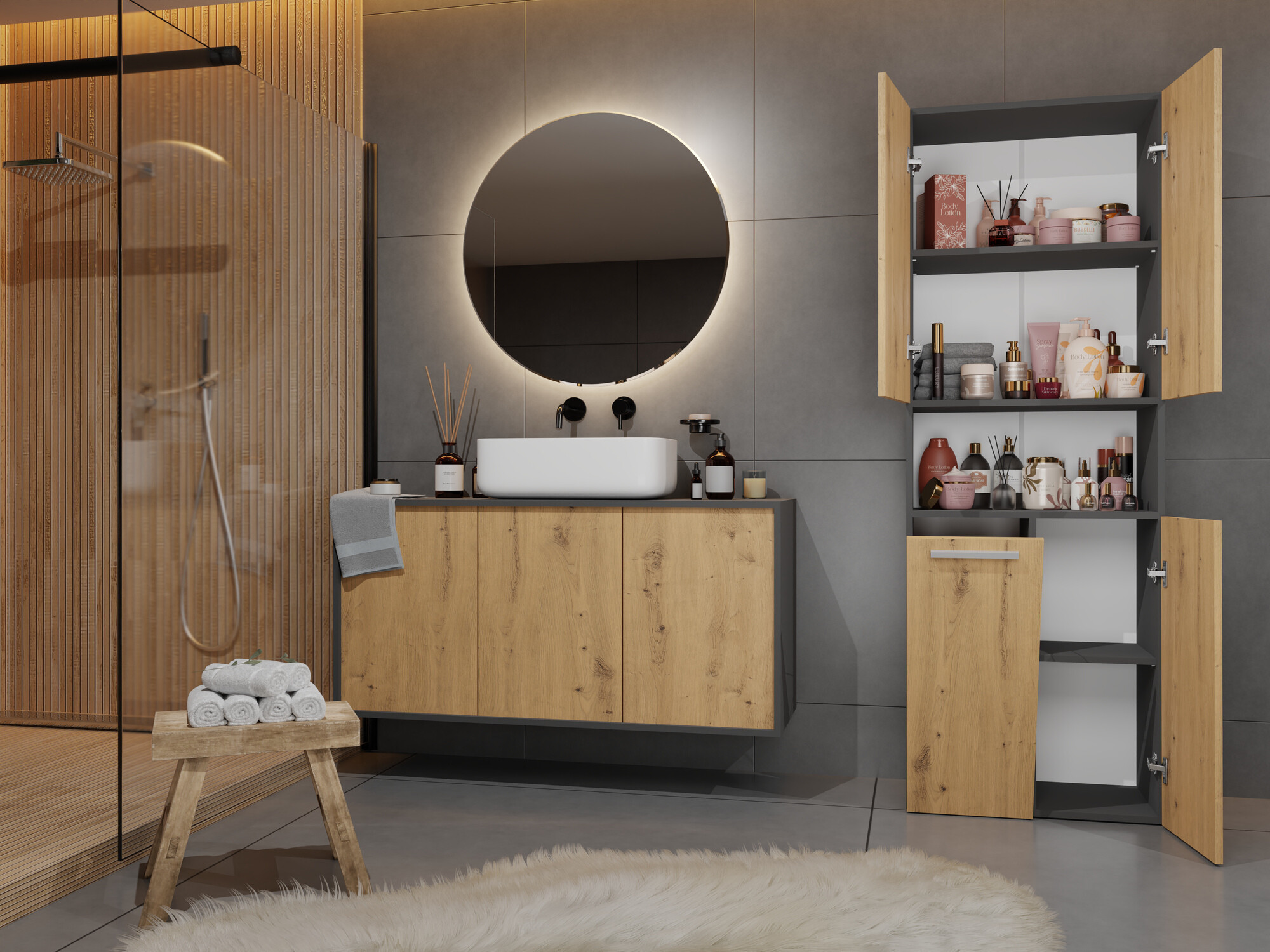 Armoire de bain à poser Nolmaru 101 (Anthracite + Chêne Artisan)