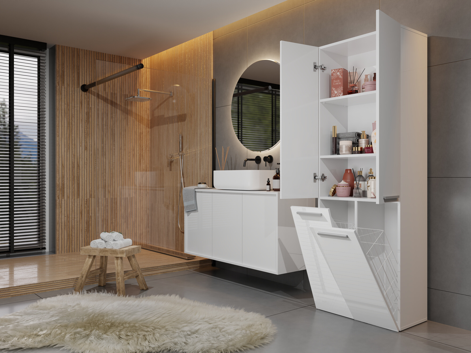 Armoire de bain à poser Nolmaru 102 (Blanc + Blanc brillant)