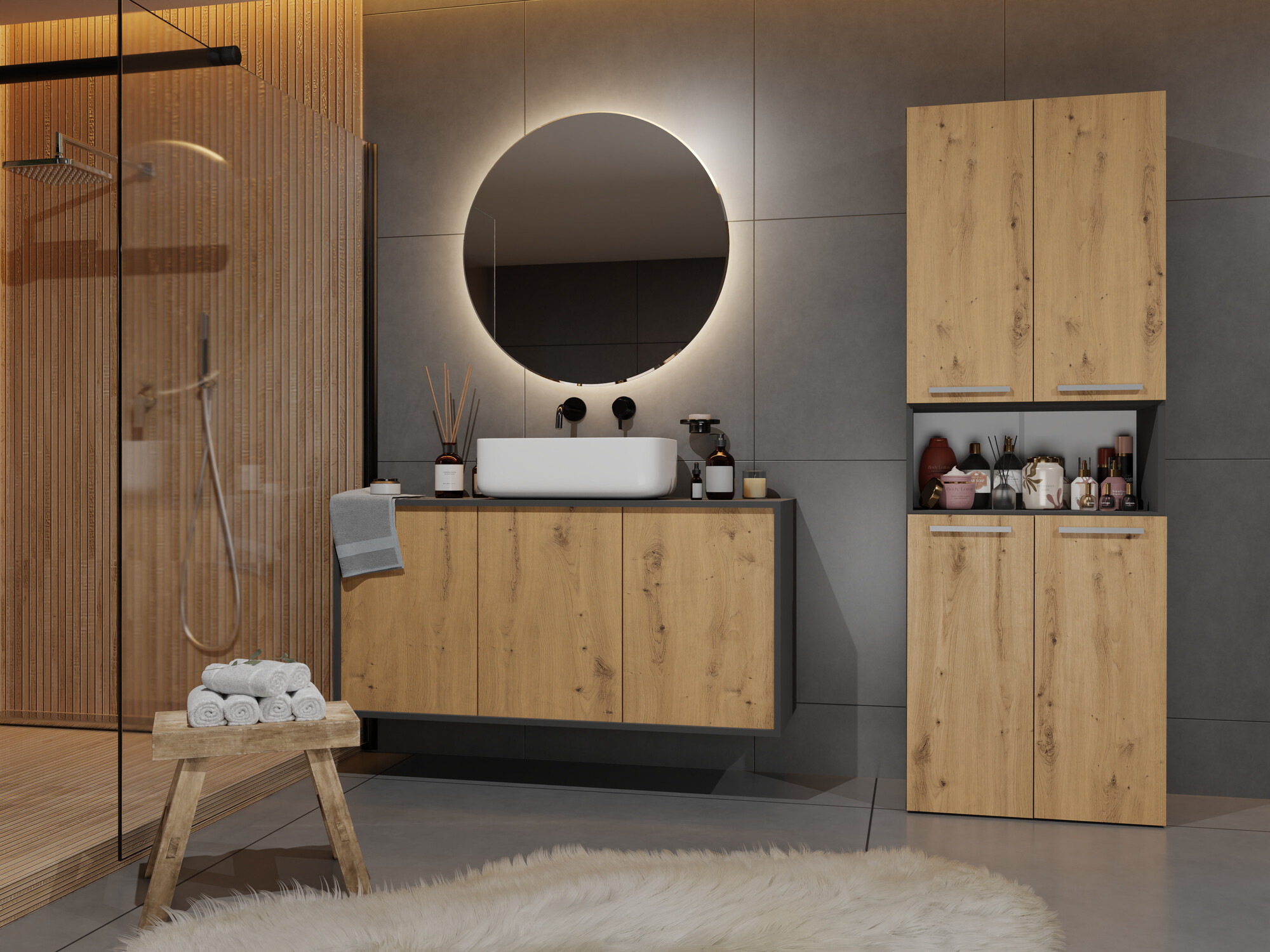 Armoire de bain à poser Nolmaru 103 (Anthracite + Chêne Artisan)