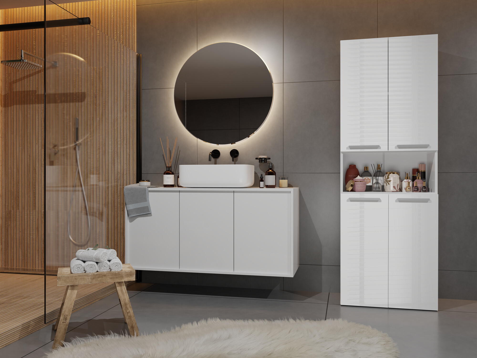 Armoire de bain à poser Nolmaru 103 (Blanc + Blanc brillant)