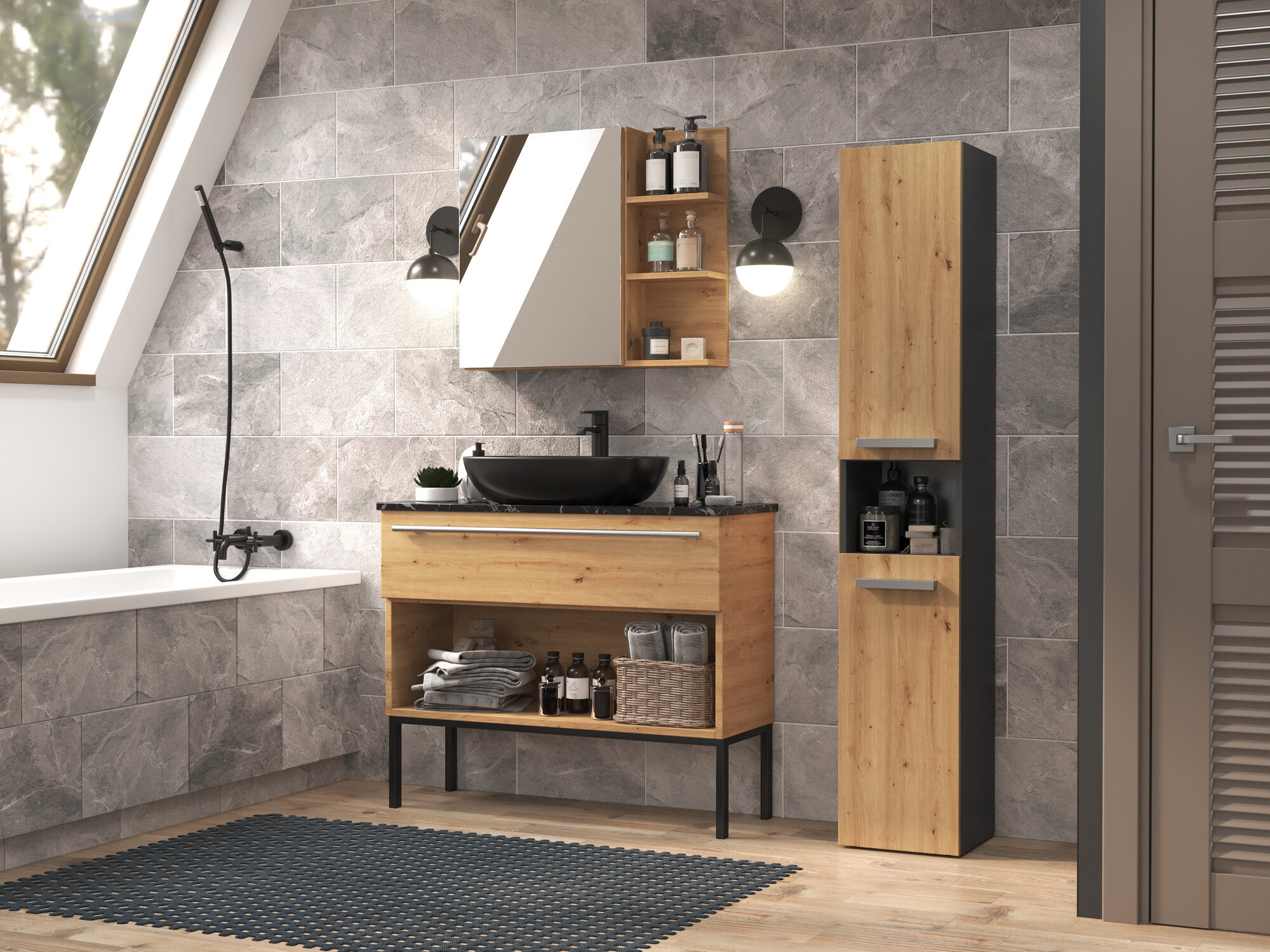 Armoire de bain à poser Nolmaru 104 (Anthracite + Chêne Artisan)