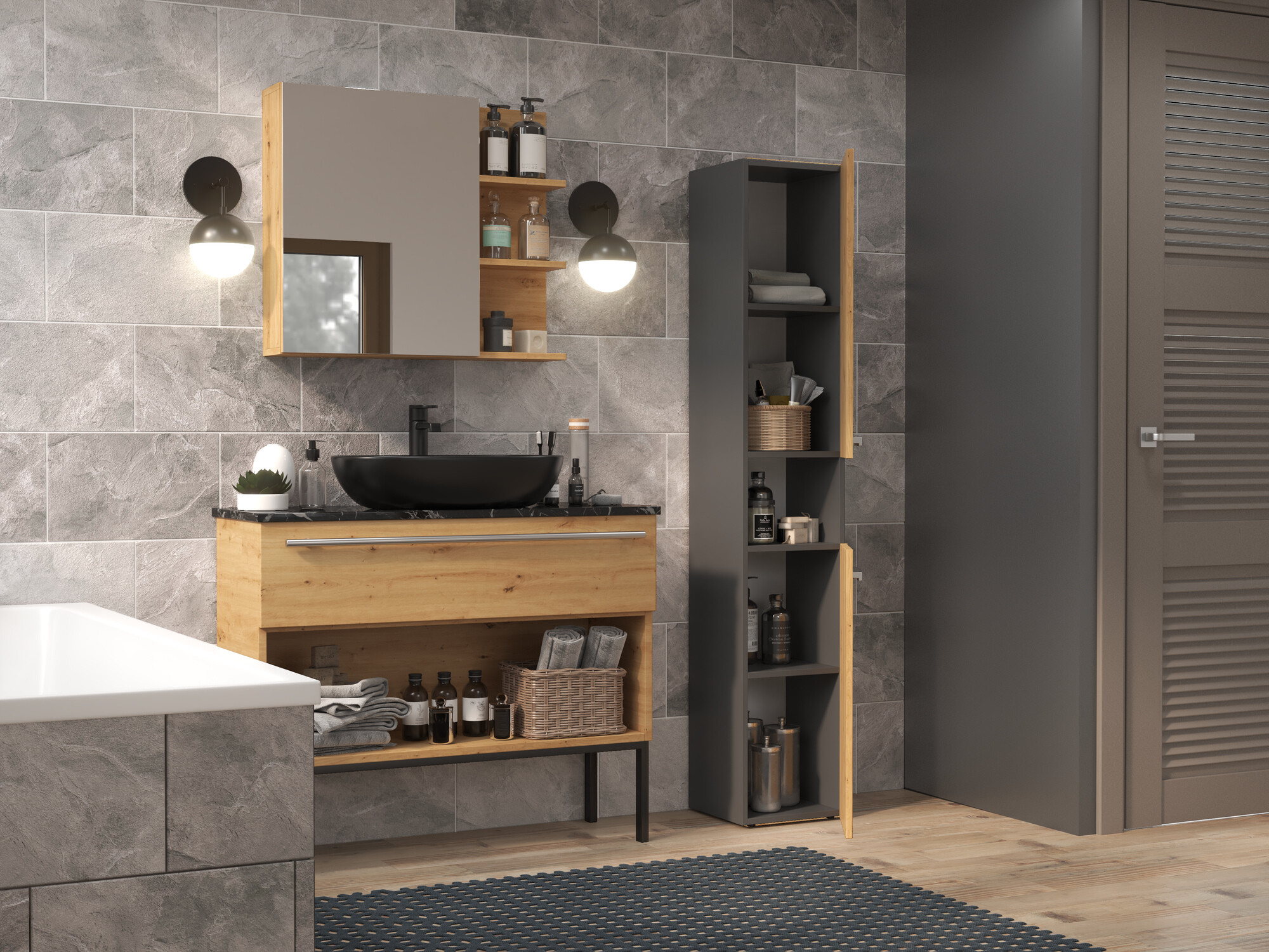 Armoire de bain à poser Nolmaru 104 (Anthracite + Chêne Artisan)