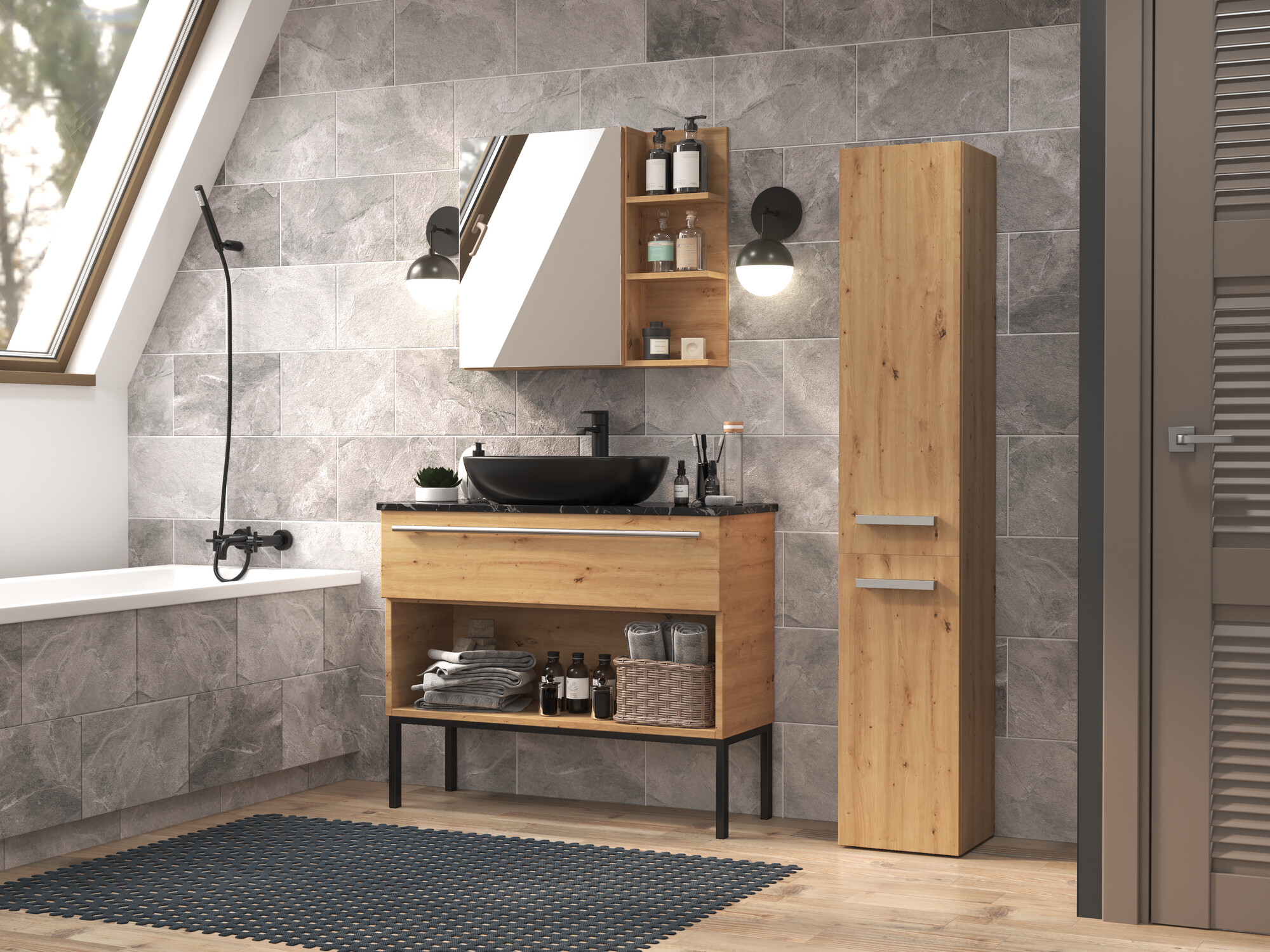Armoire de bain à poser Nolmaru 105 (Chêne Artisan)