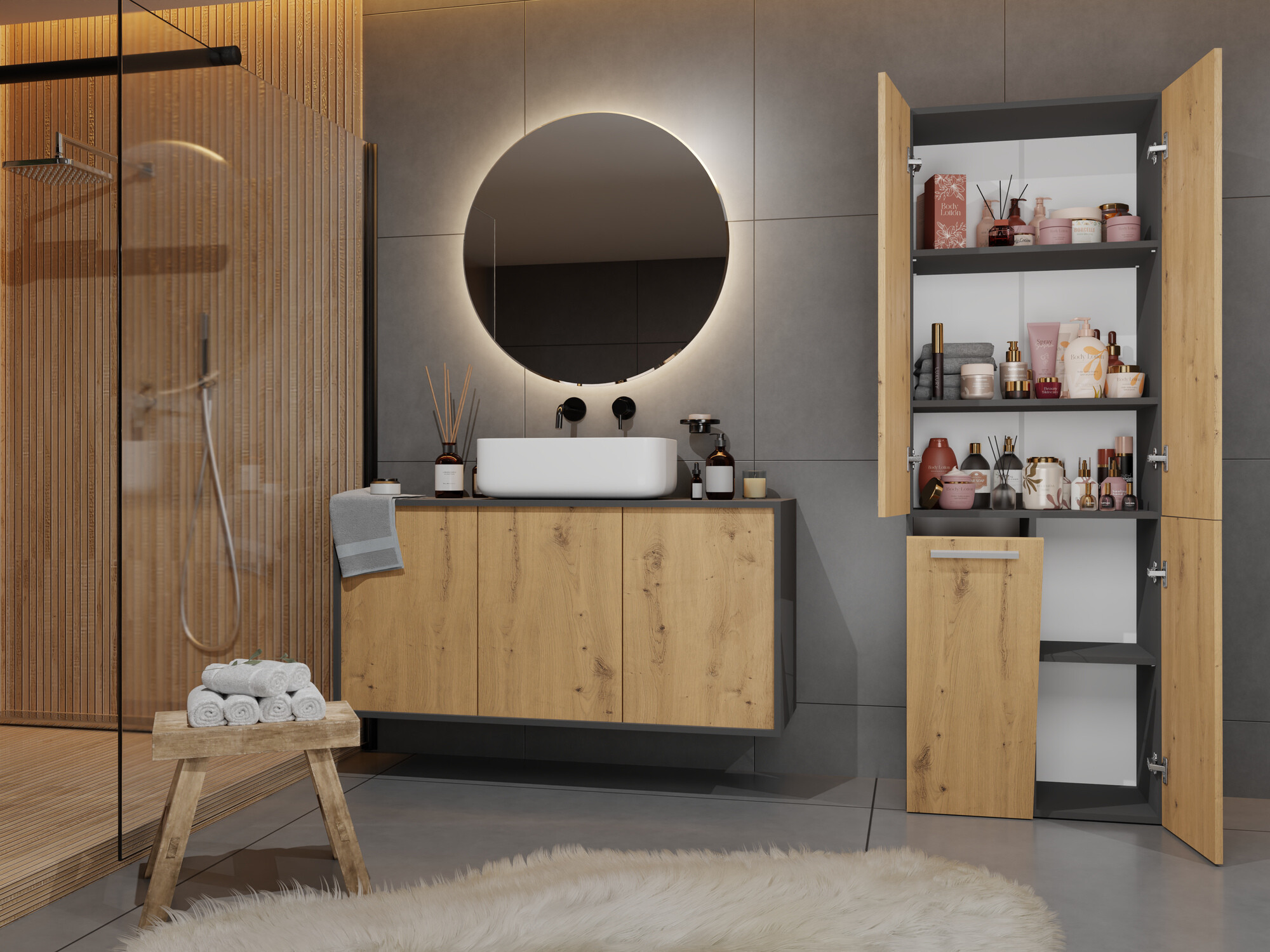 Armoire de bain indépendante Nolmaru 100 (Anthracite + Chêne Artisan)