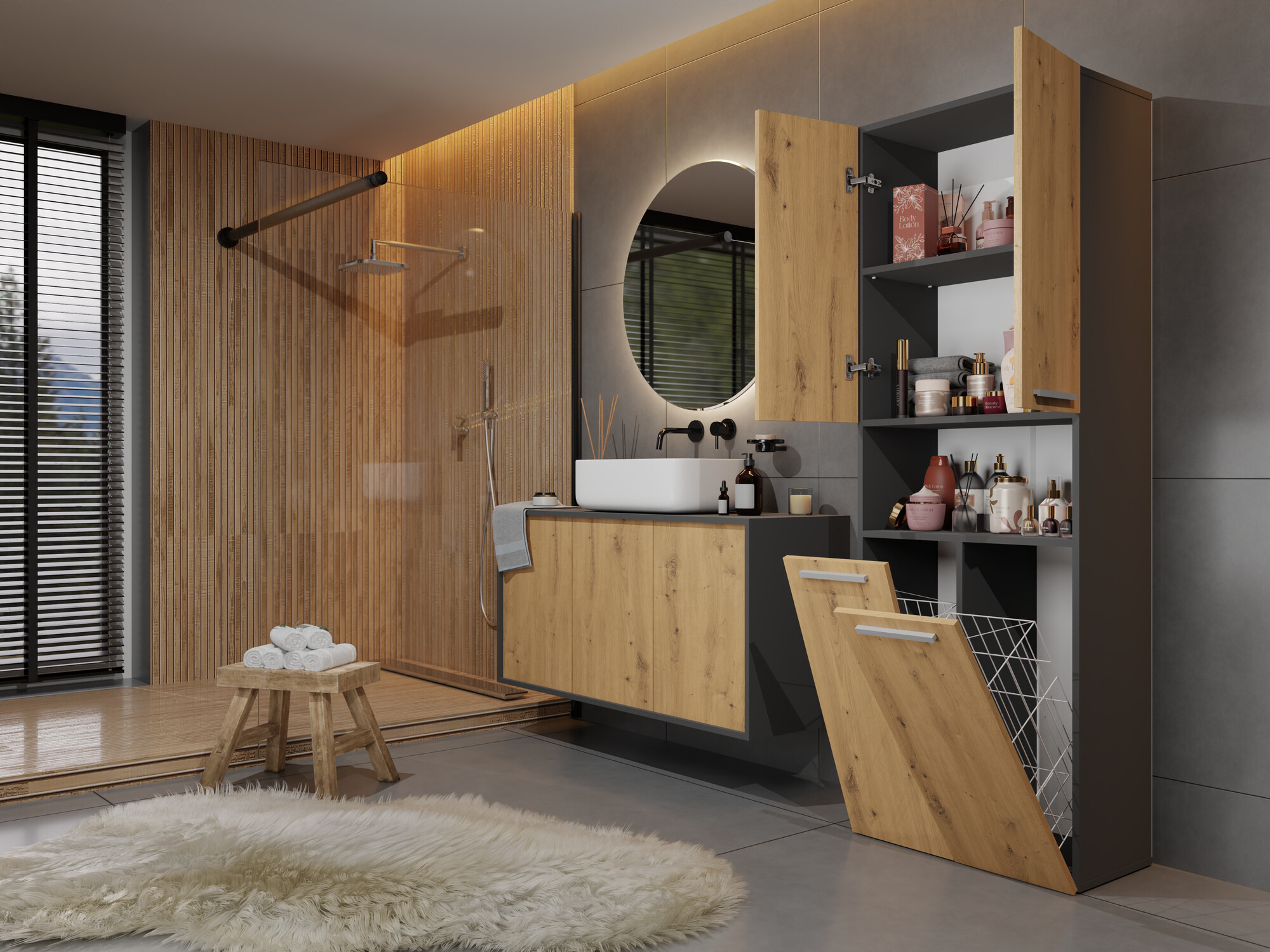 Armoire de bain indépendante Nolmaru 103 (Anthracite + Chêne Artisan)