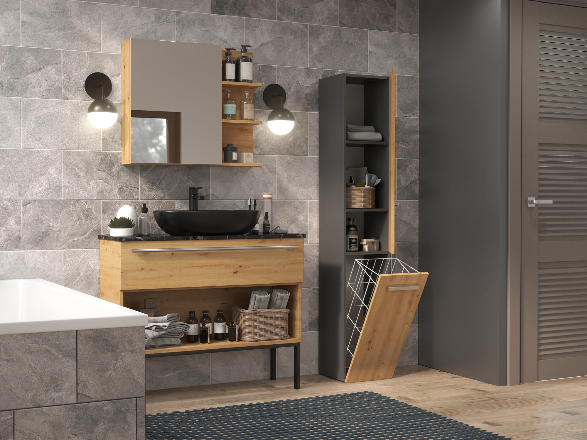 Armoire de bain à poser Nolmaru 107 (Anthracite + Chêne Artisan)