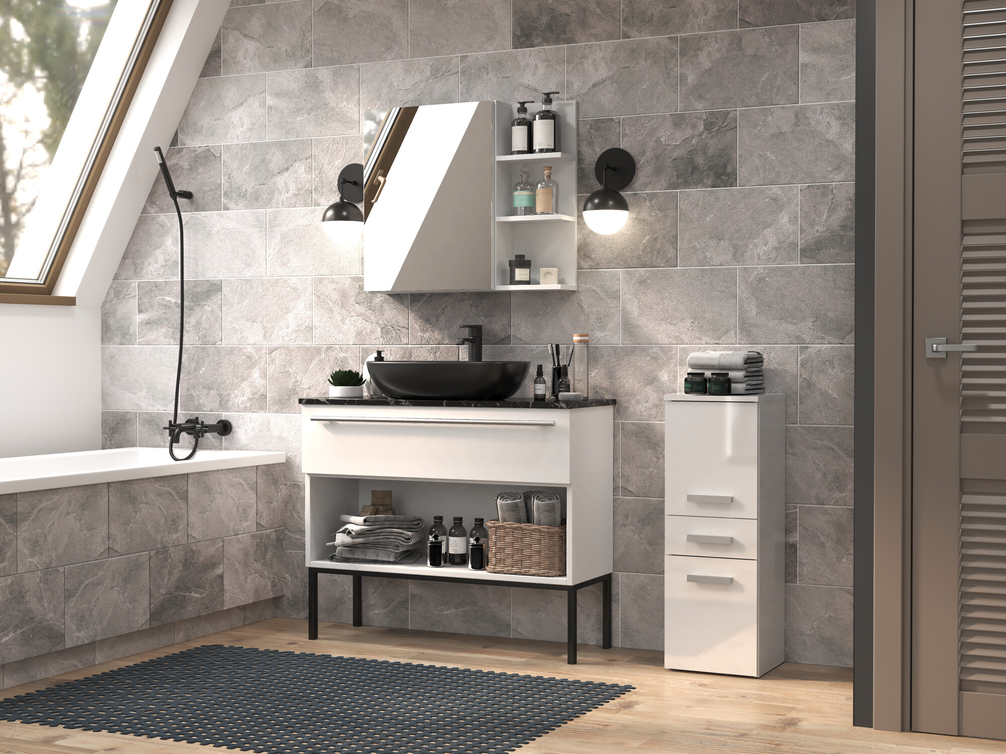 Armoire de bain à poser Nolmaru 108 (Blanc + Blanc brillant)