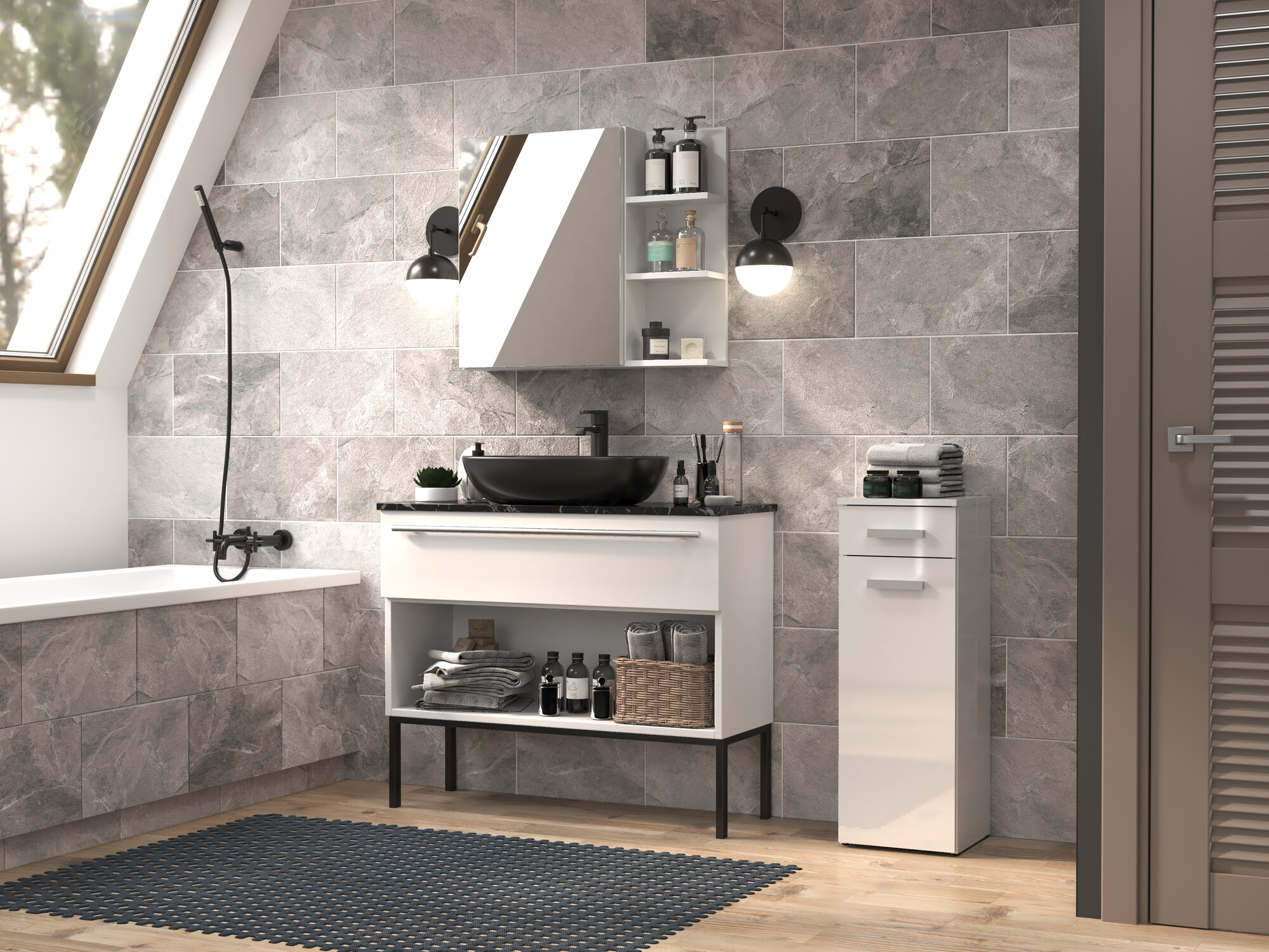 Armoire de bain à poser Nolmaru 109 (Blanc + Blanc brillant)