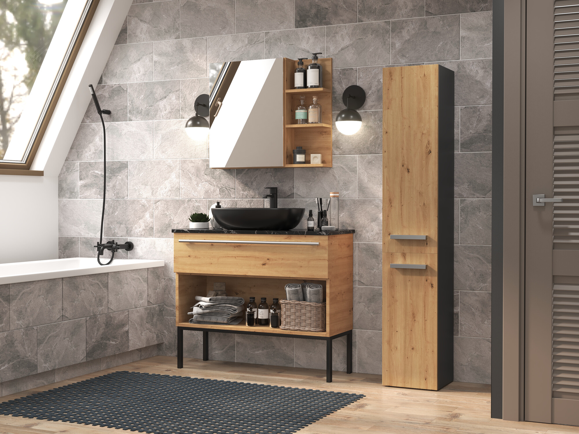 Armoire de bain indépendante Nolmaru 107 (Anthracite + Chêne Artisan)