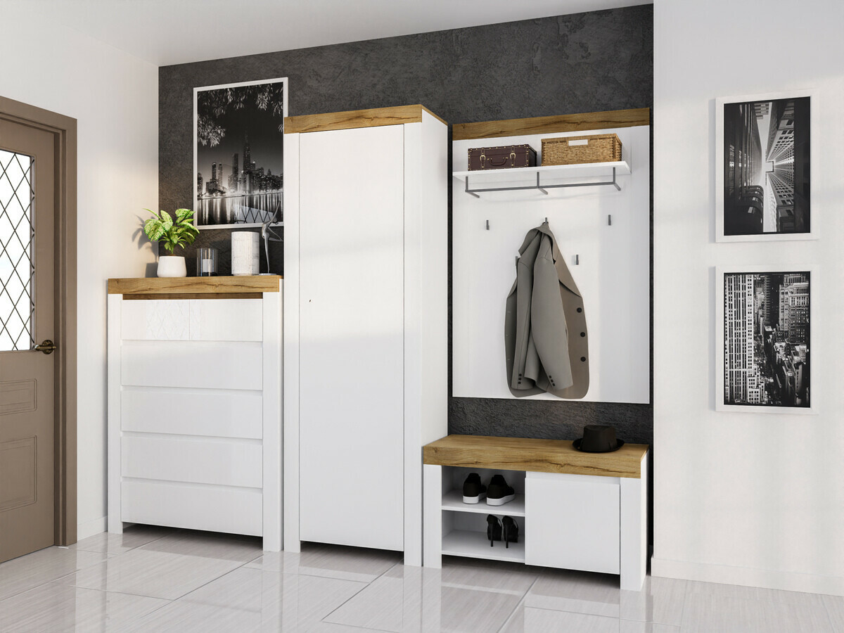 Meubles à chaussures Sonsoru 118 (Blanc + Blanc brillant + Chêne wotan)