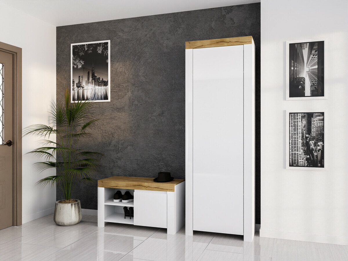 Meubles à chaussures Sonsoru 118 (Blanc + Blanc brillant + Chêne wotan)