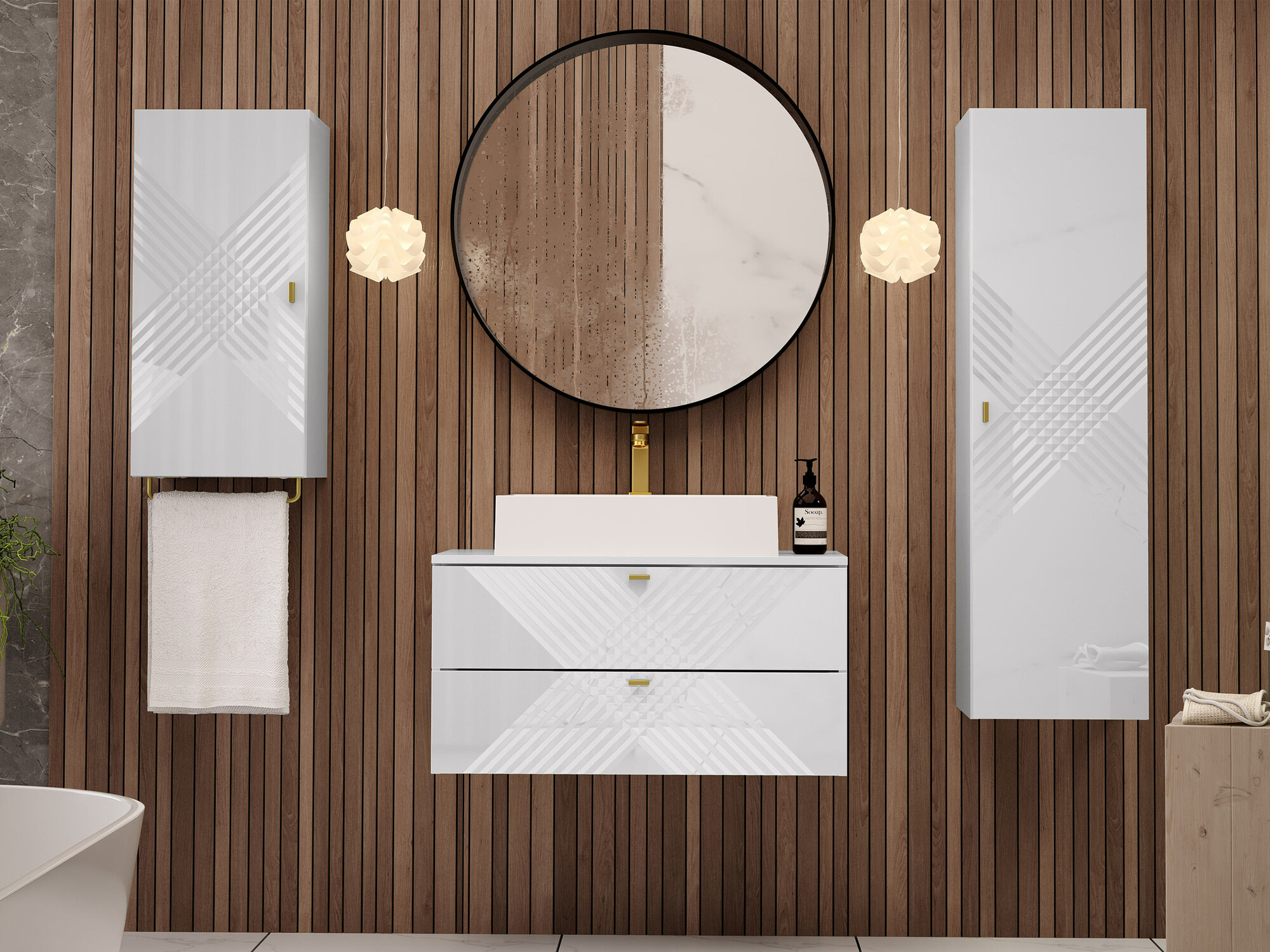 Armoire de salle de bain murale Levelbu 108 (Blanc + Blanc brillant)