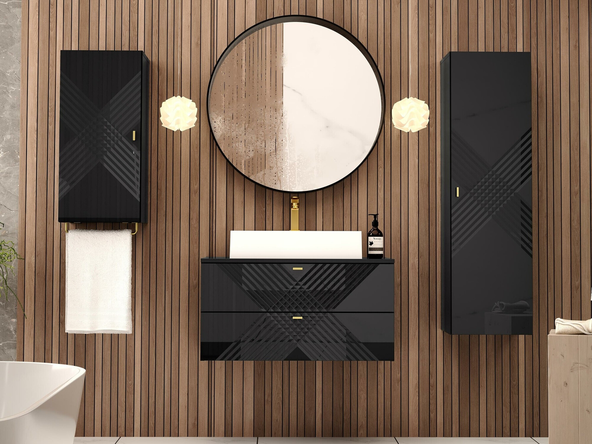 Armoire de salle de bain murale Natar (Noir + Noir brillant)