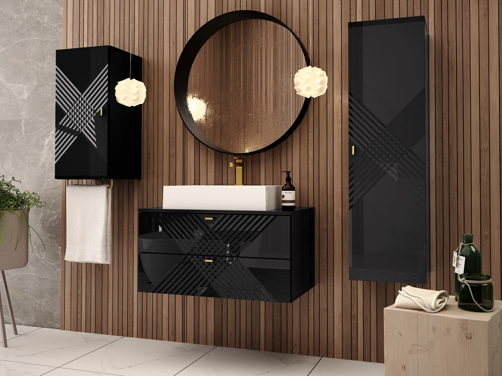 Armoire de salle de bain murale Natar (Noir + Noir brillant)