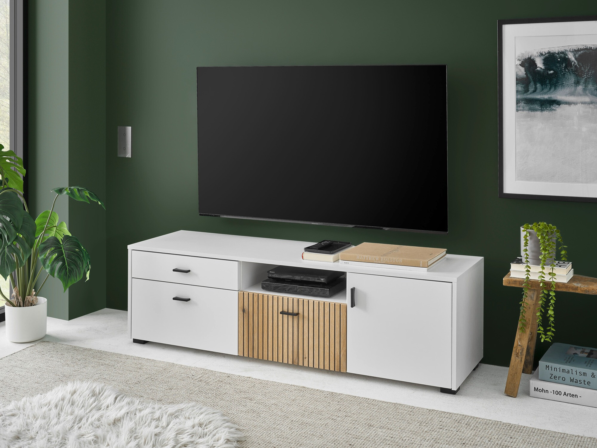 Meuble TV Belmelu 105 (Blanc + Chêne)