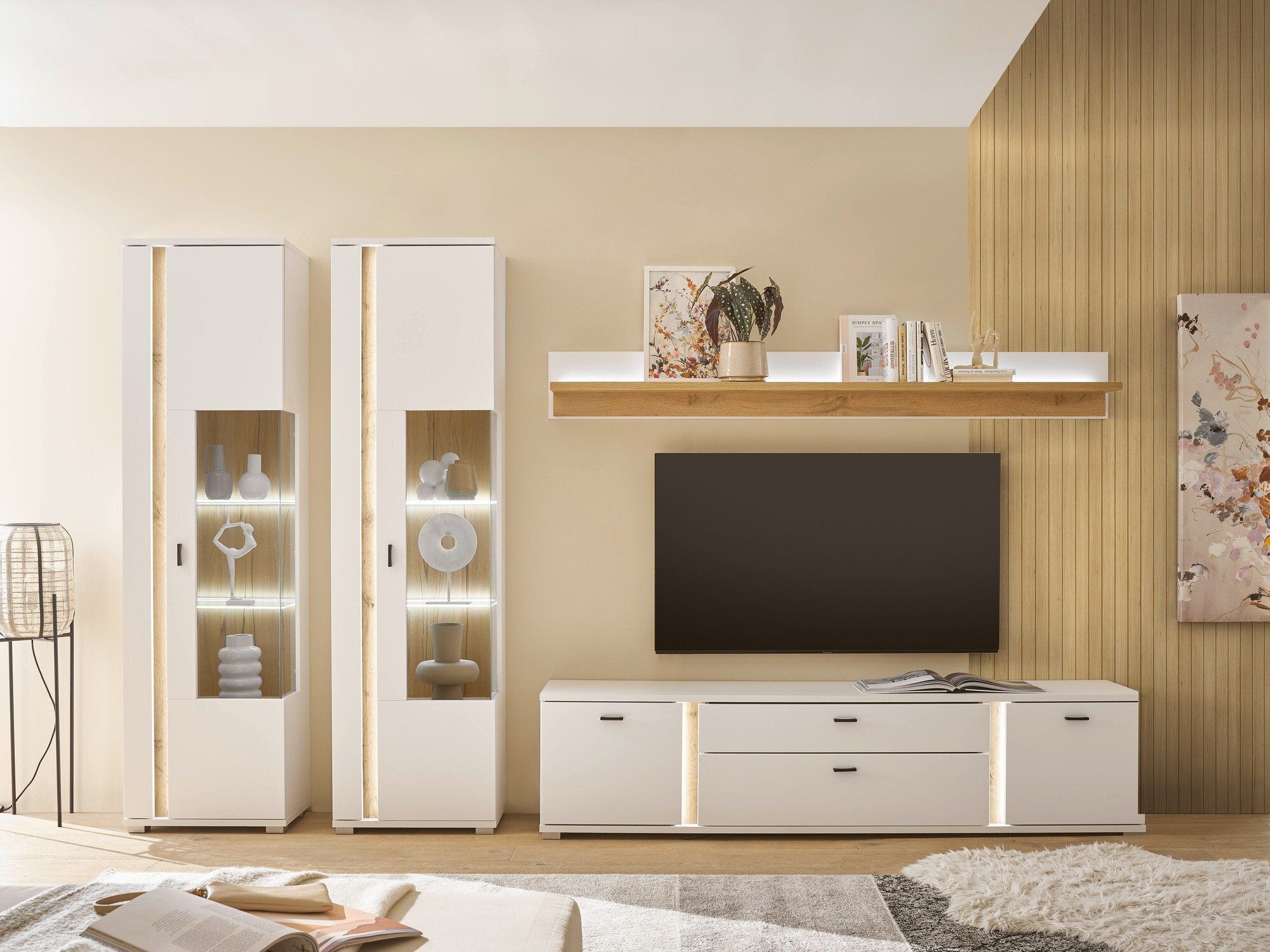 Ensemble de salon Avimavi 113 (Blanc + Chêne wotan)