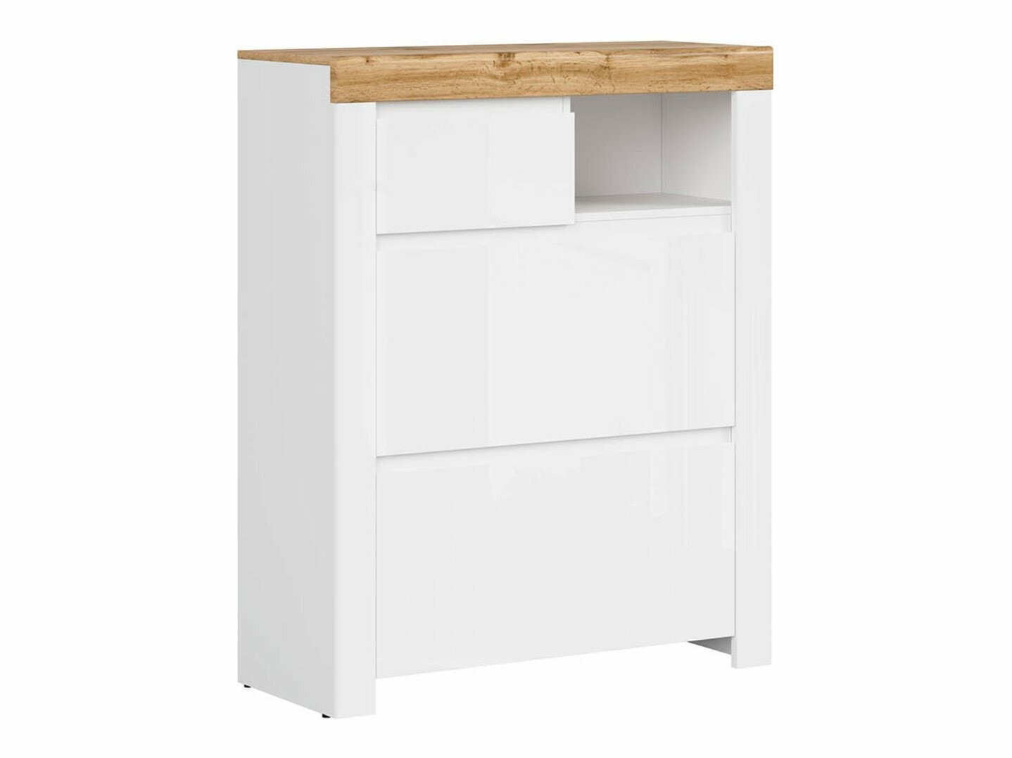 Armoire à chaussures Sonsoru 119 (Blanc + Blanc brillant + Chêne wotan)