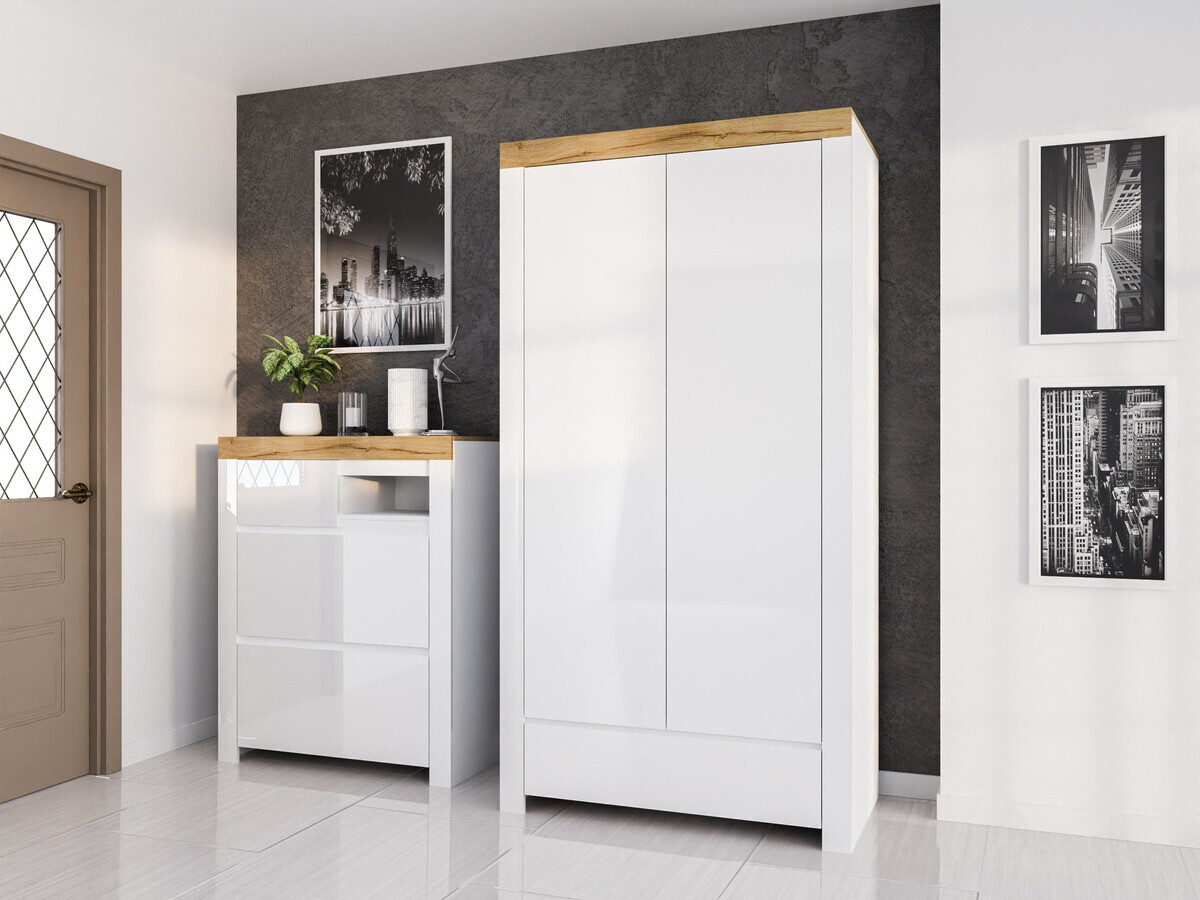 Meubles à chaussures Sonsoru 119 (Blanc + Blanc brillant + Chêne wotan)