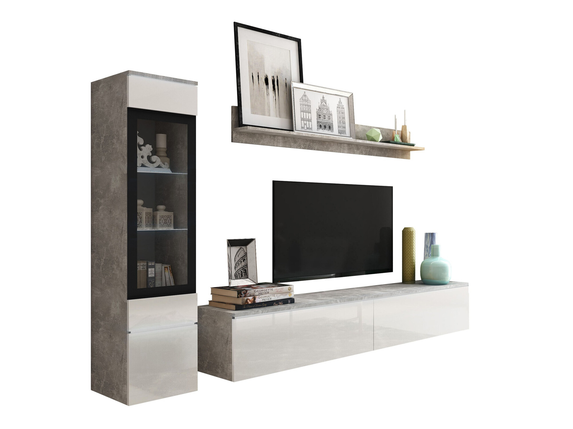 Ensemble de salon Mirfivo 100 (Béton + Blanc brillant)