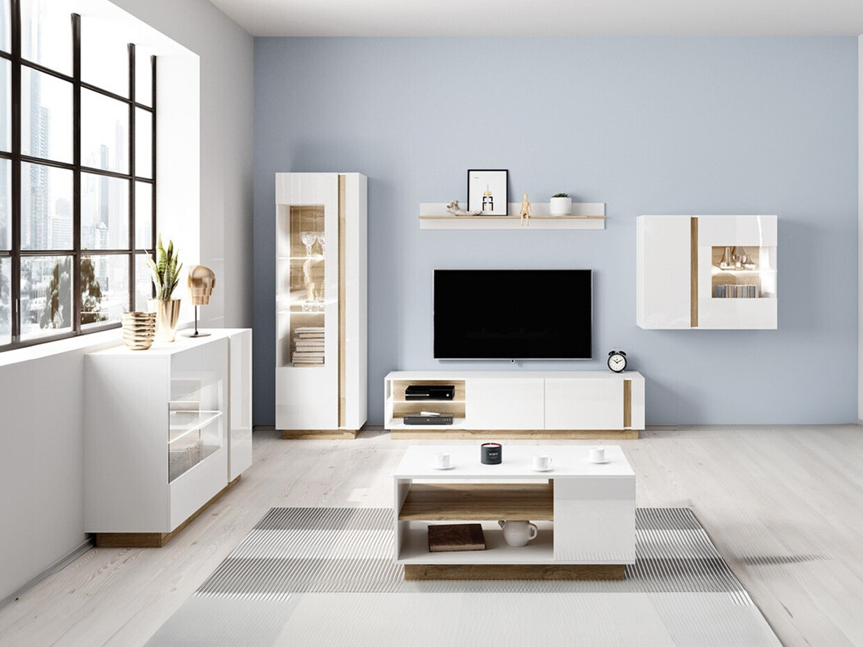Ensemble de salon Novbela 114 (Blanc + Blanc brillant + Grandson chêne)
