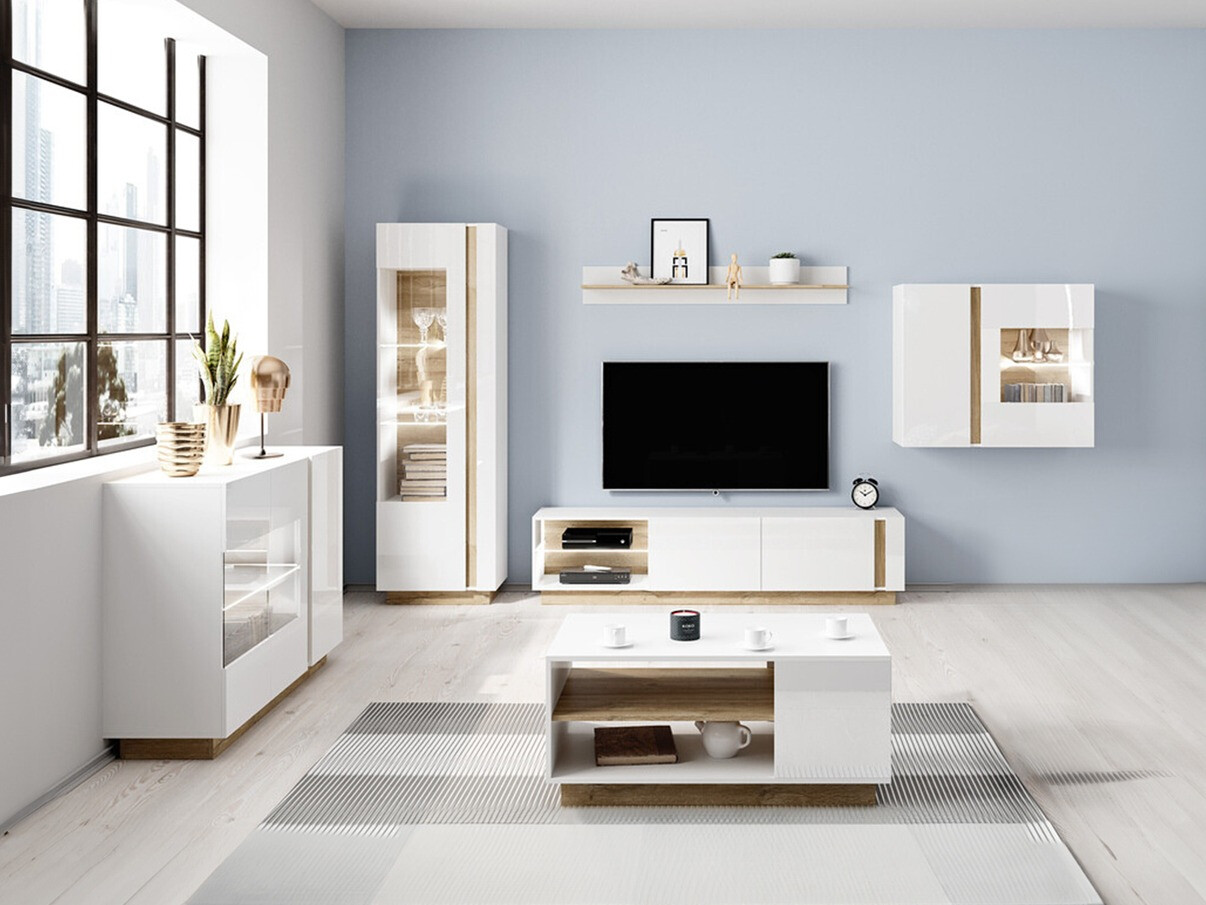 Ensemble de salon Novbela 114 (Blanc + Blanc brillant + Grandson chêne)