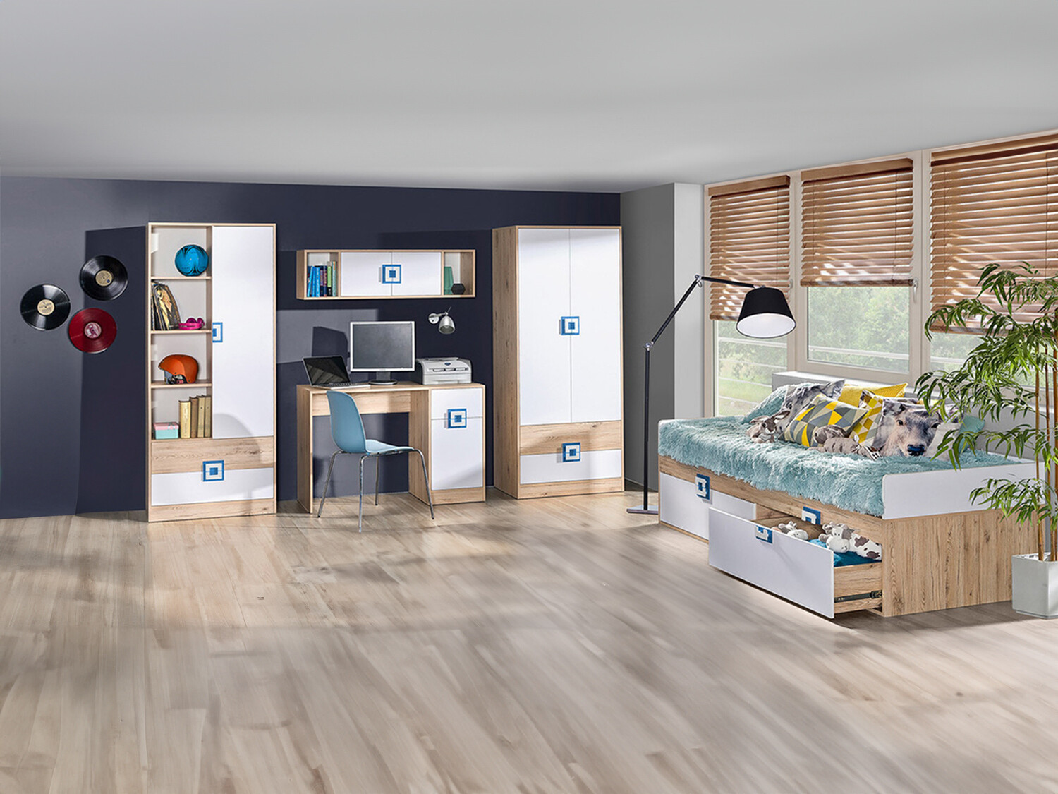 Chambre enfant complète Balvire 116 (Chêne clair + Blanc + Turquoise)