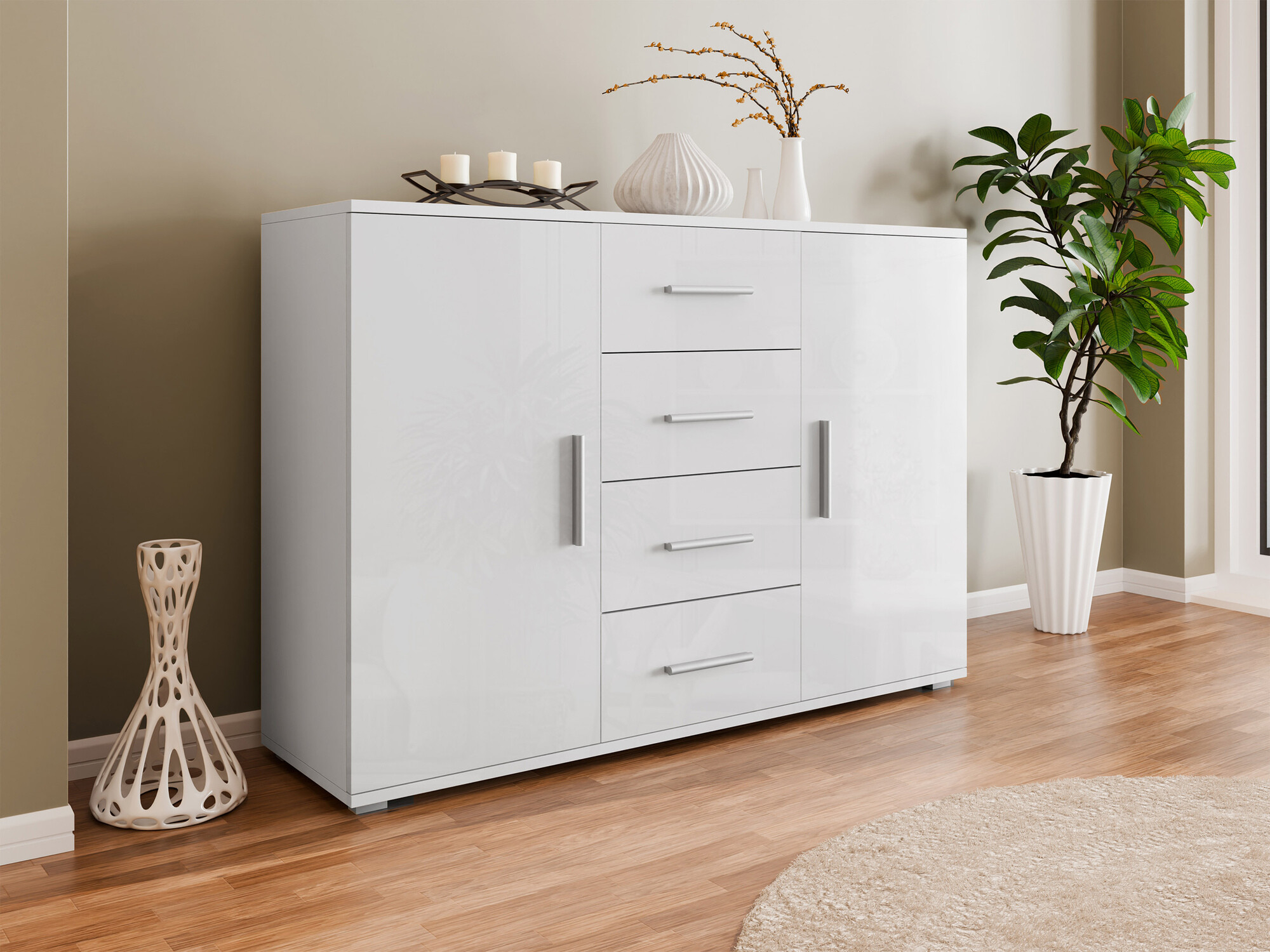 Commode Charlotte 118 (Blanc + Blanc brillant)