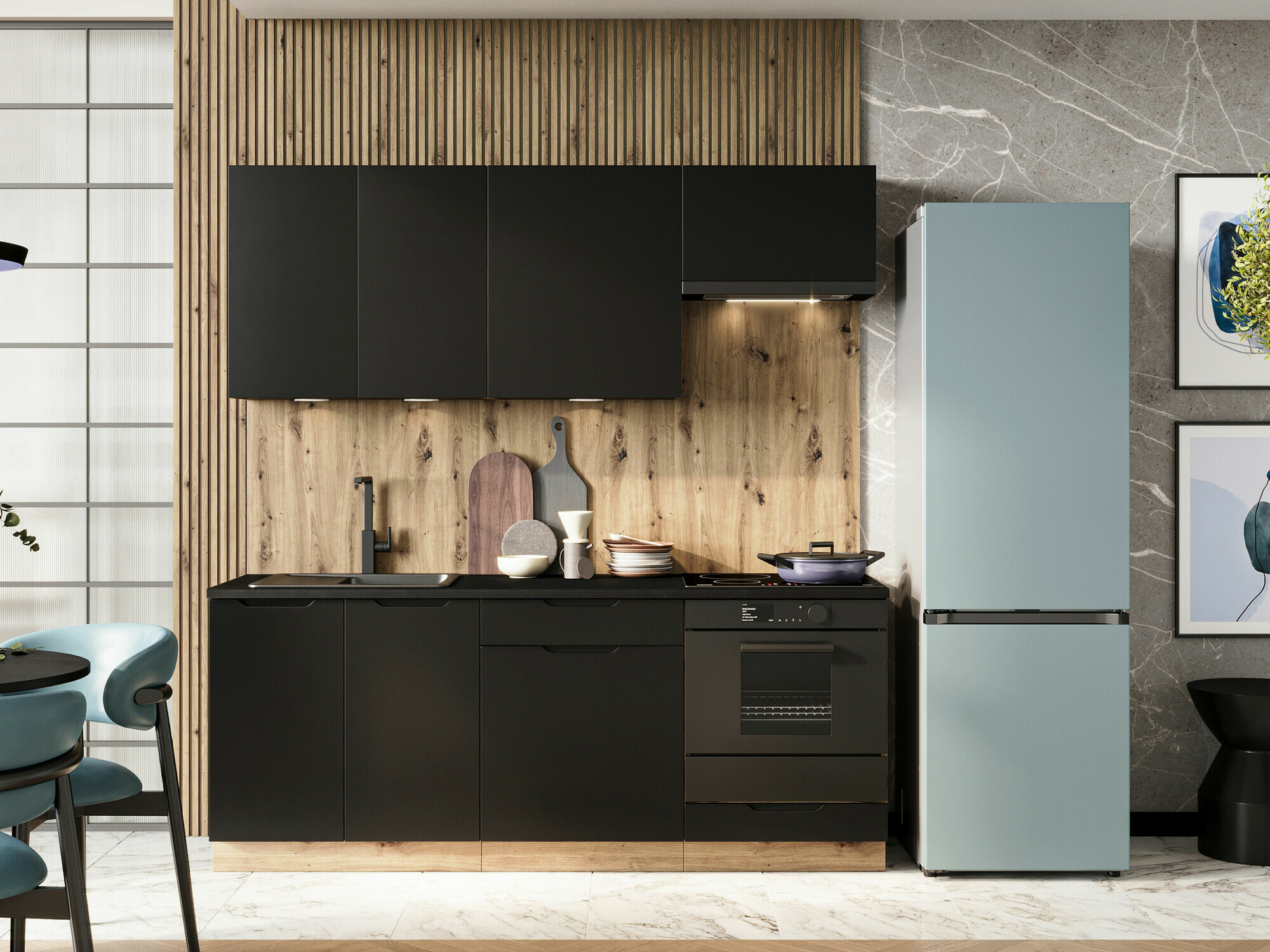 Cuisine complète Trenton 180 (Noir + Chêne Artisan)