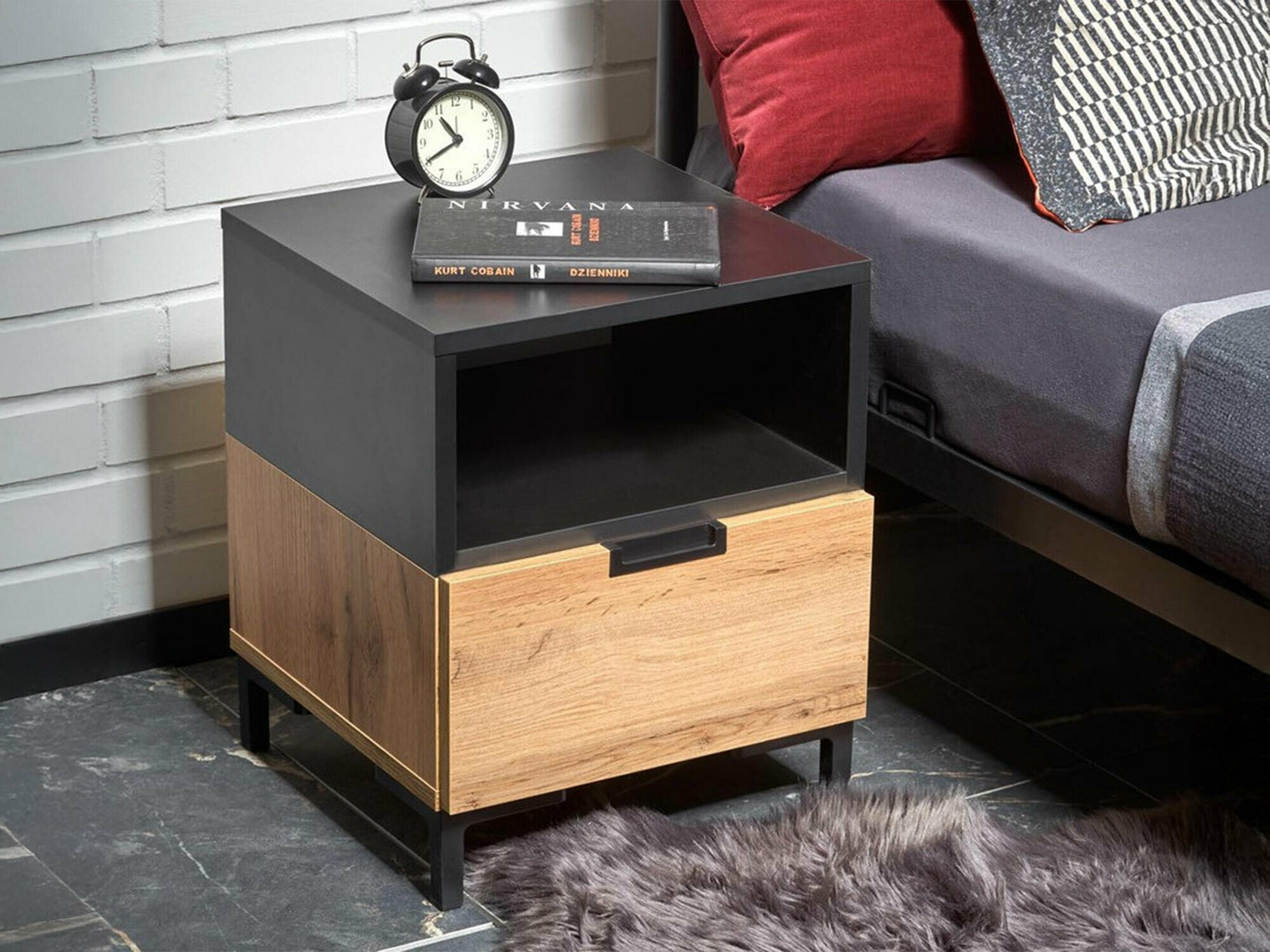 Table de chevet Houston 1225 (Noir + Chêne wotan)