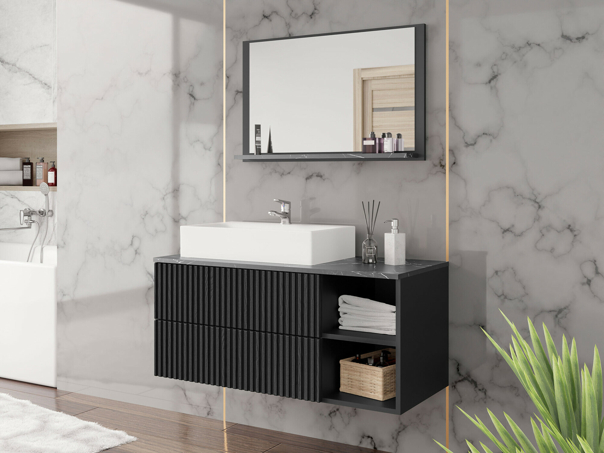 Ensemble de salle de bain Nauta (Noir + Marbre noir)