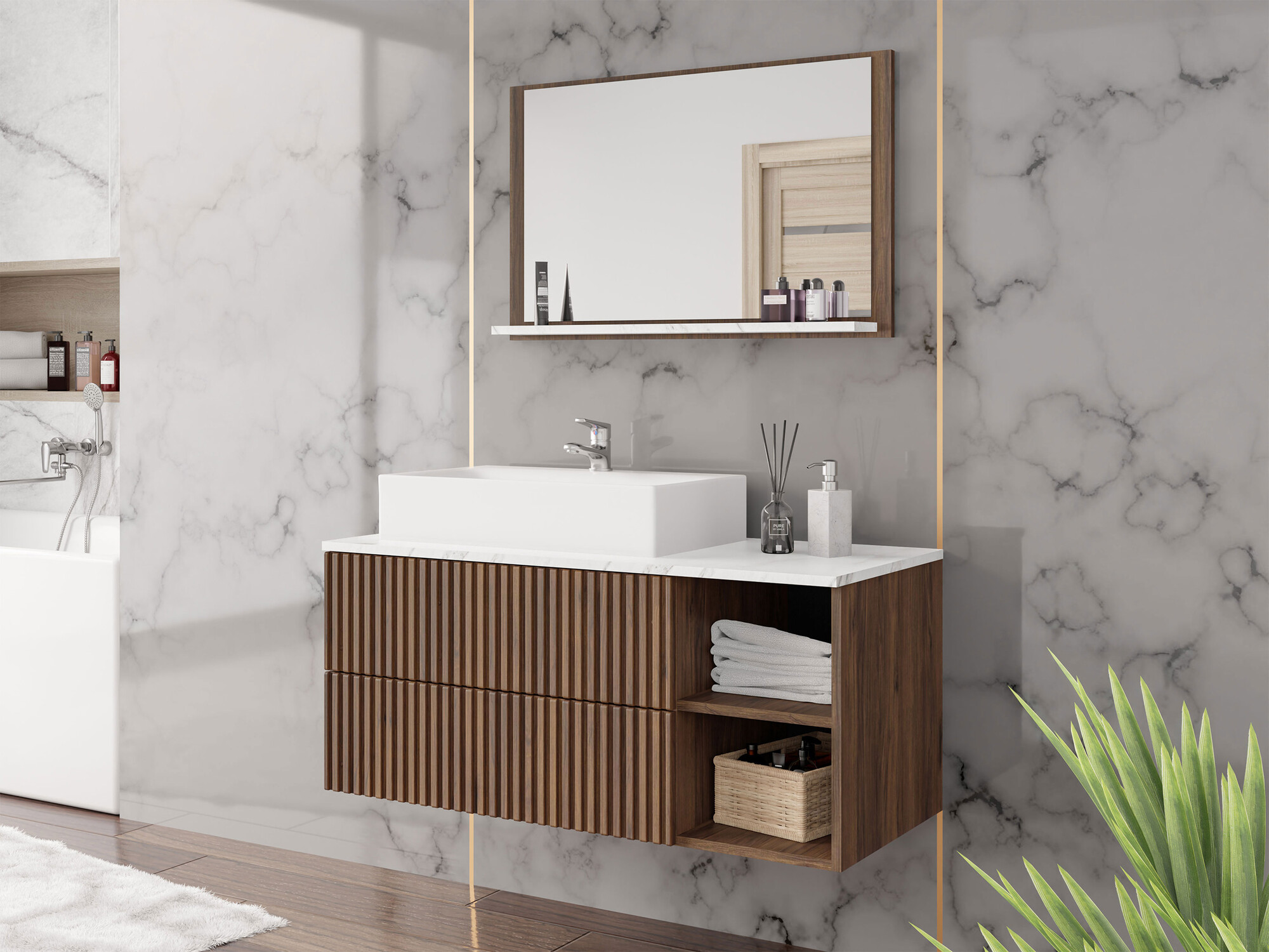 Ensemble de salle de bain Nauta (Noyer + Marbre blanc)