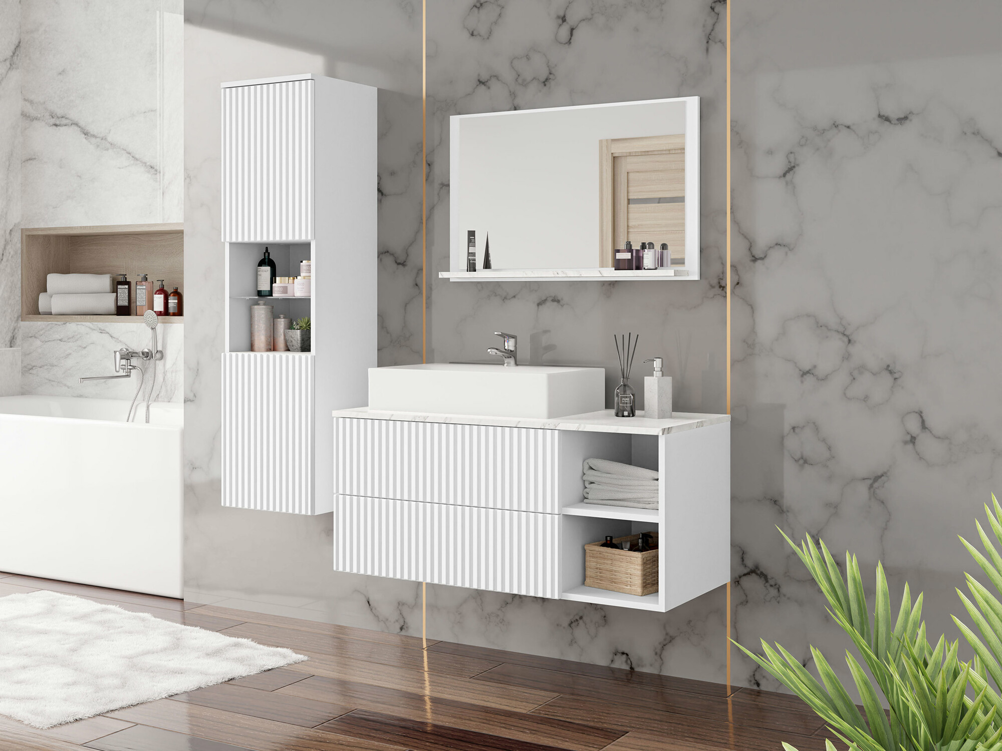 Ensemble de salle de bain Nauta I (Blanc + Marbre blanc)