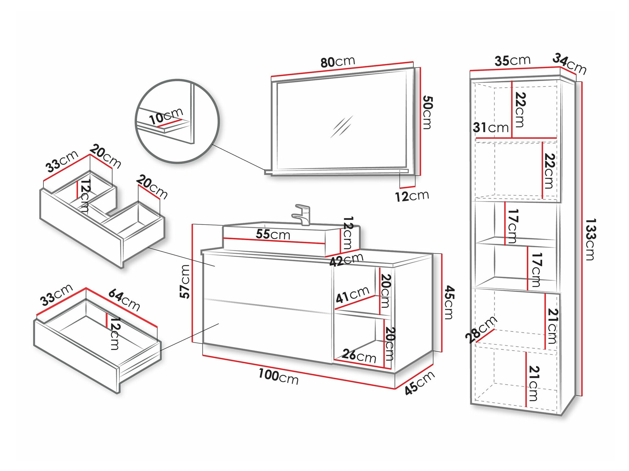 Ensemble de salle de bain Nauta I (Noyer + Marbre blanc)