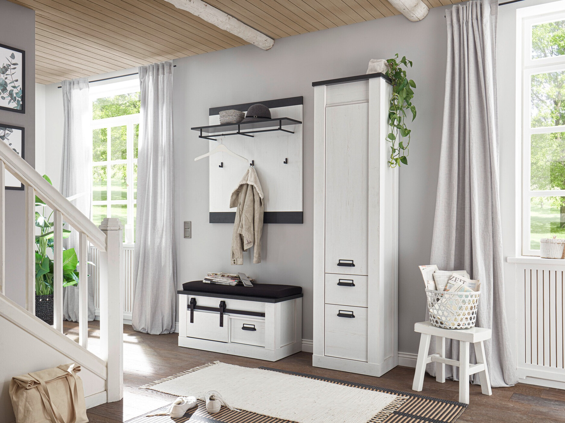 Meuble d'entrée Cirtale 130 (Pin blanchi + Anthracite)