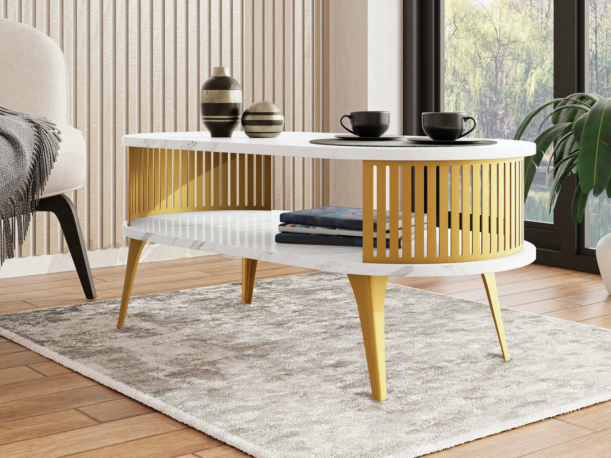 Table basse Sordore 106 (Doré + Marbre blanc)