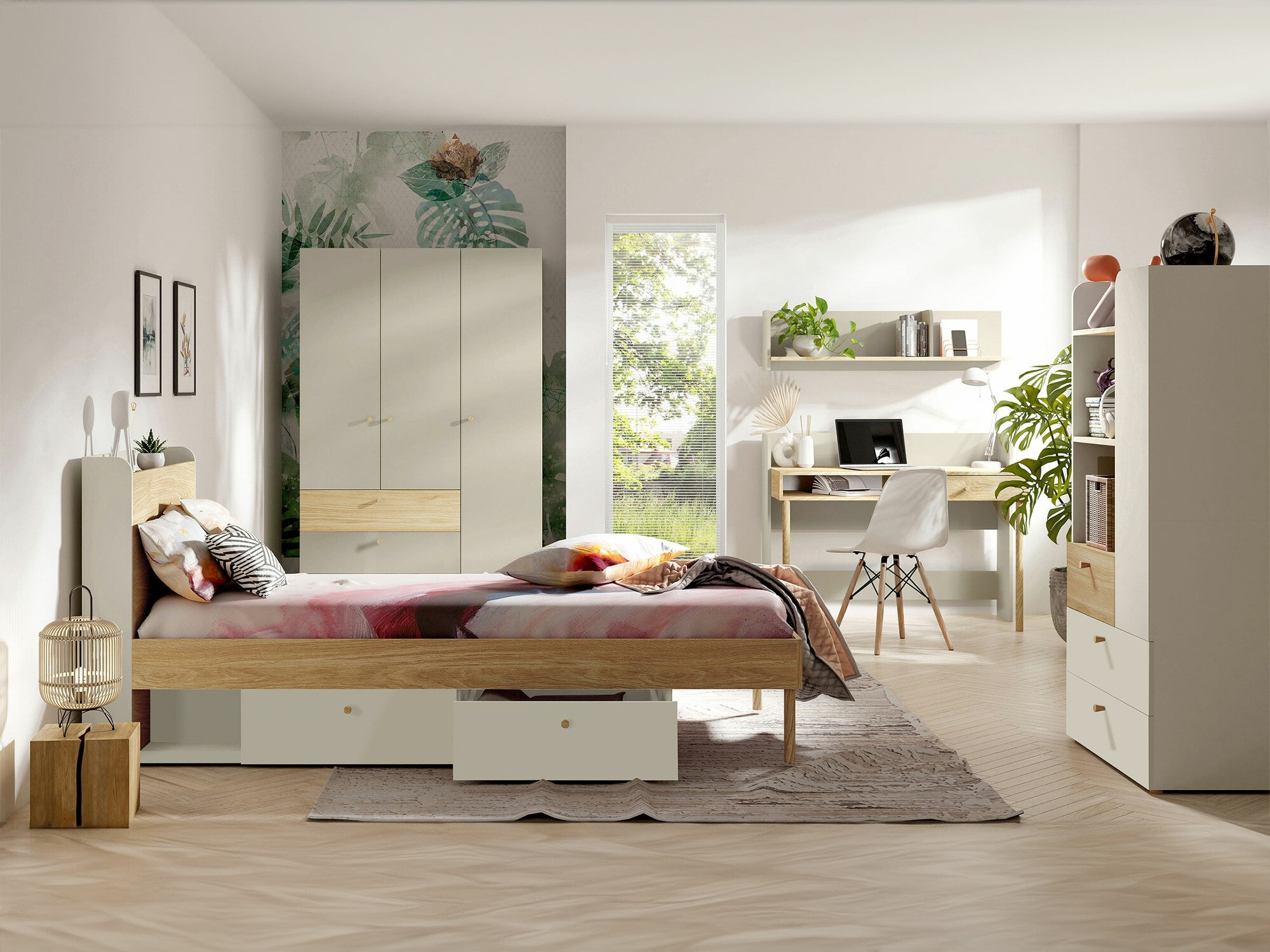 Chambre enfant complète Domcali 116 (Beige + Chêne)