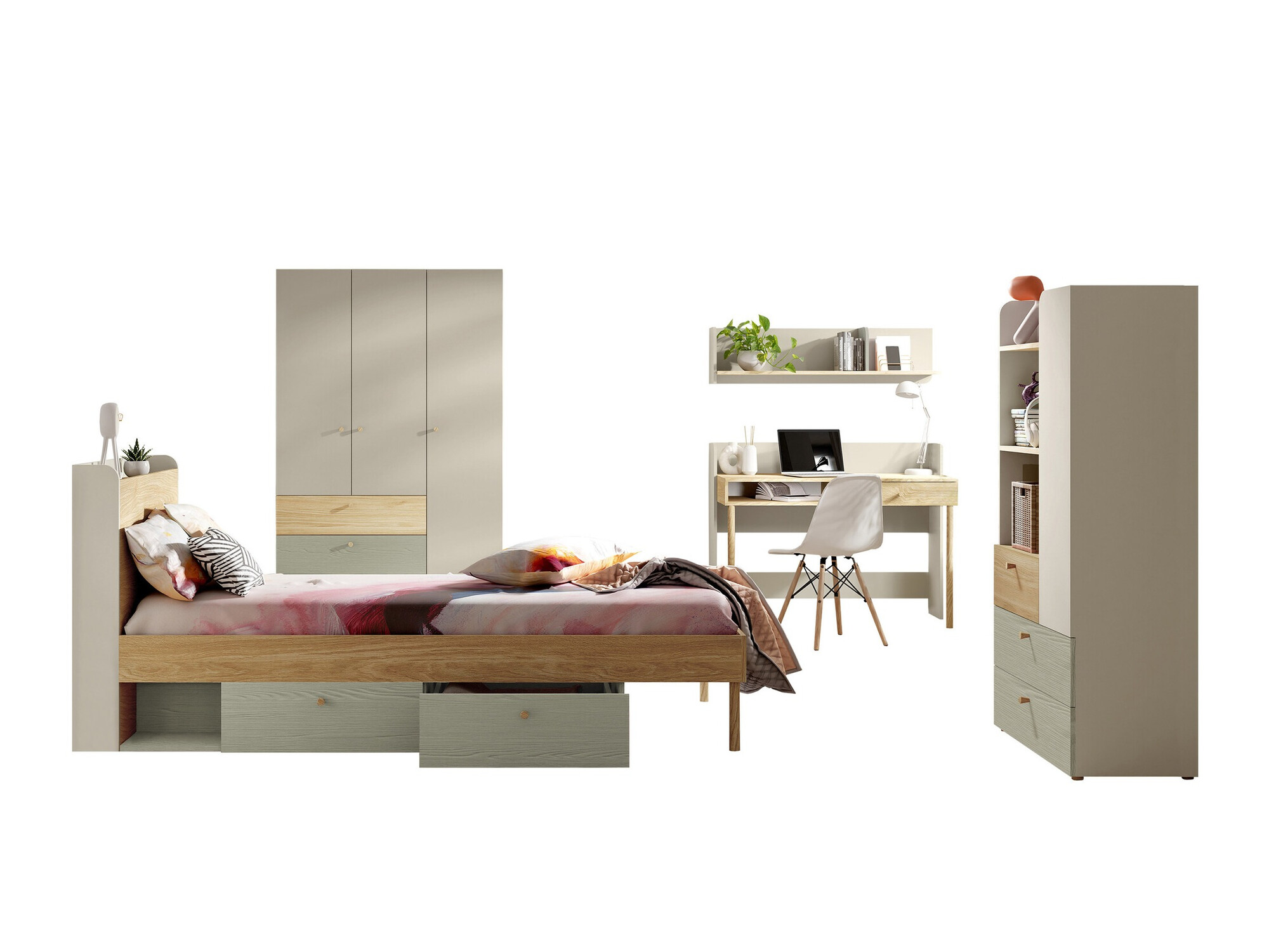 Chambre enfant complète Domcali 116 (Gris + Chêne)