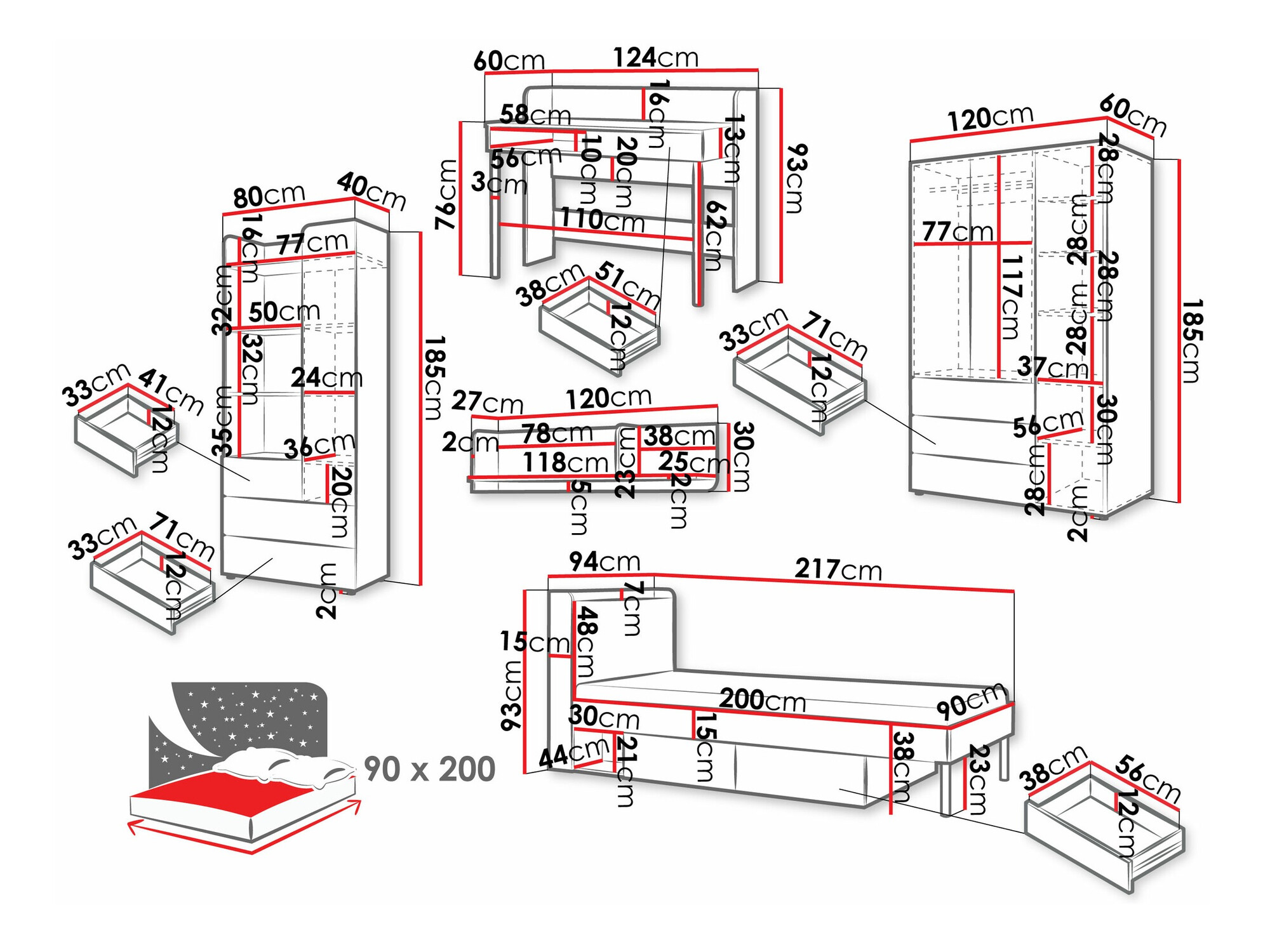 Chambre enfant complète Domcali 116 (Gris + Chêne)